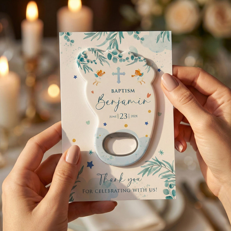 Blue Bear Footprint Baptism Bottle Opener Favors