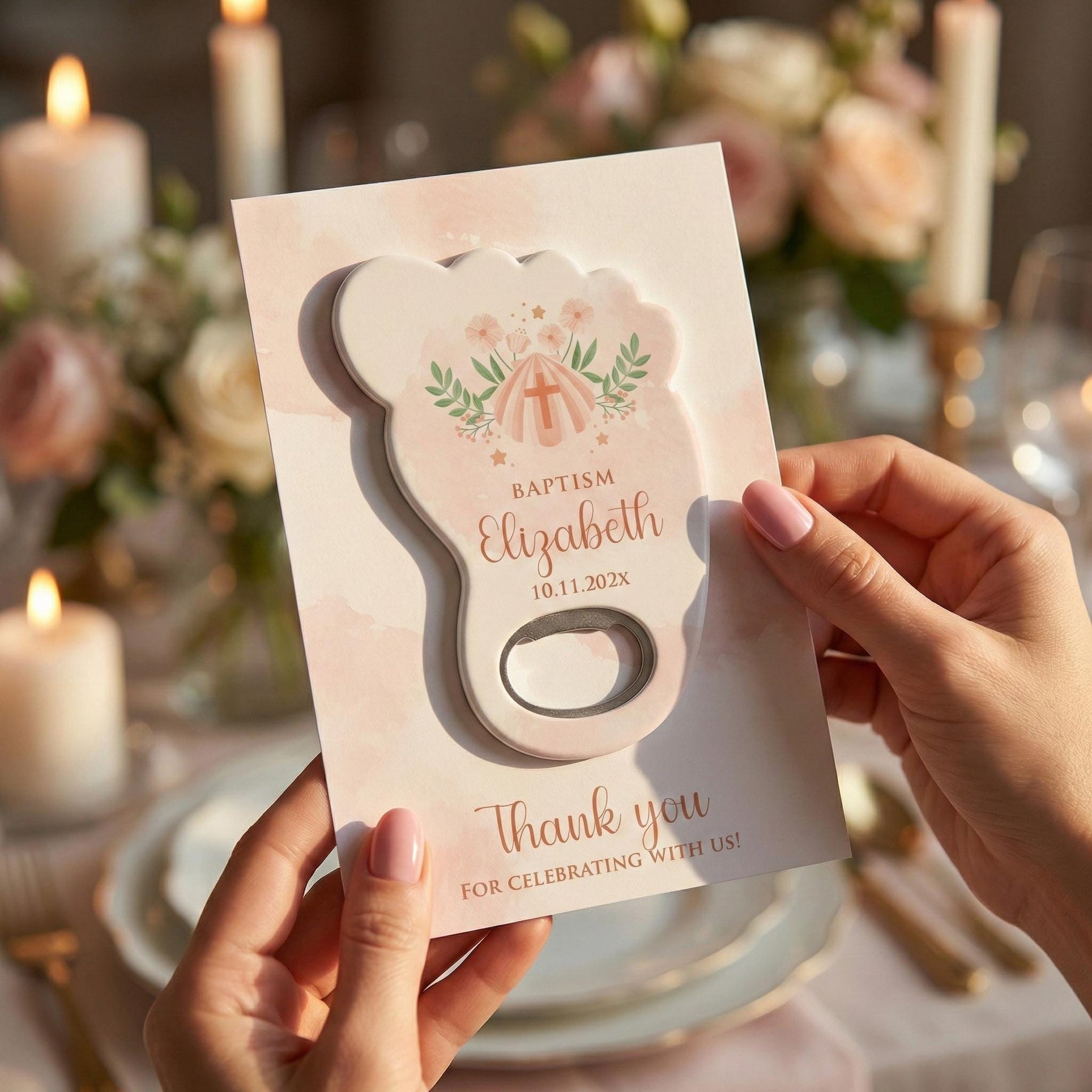 Peach Floral Footprint Baptism Bottle Opener Favors