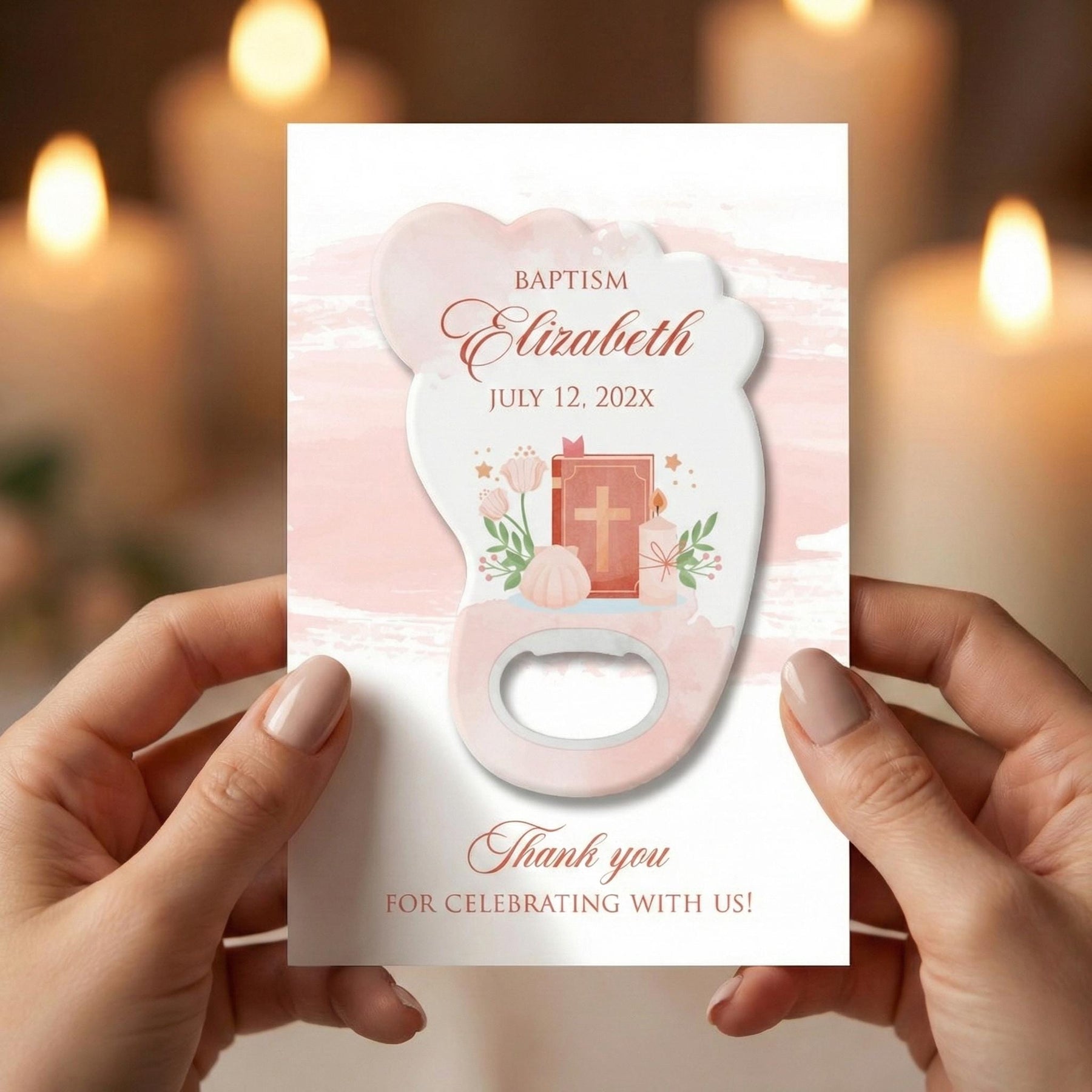 Pink Cross Footprint Baptism Bottle Opener Favors