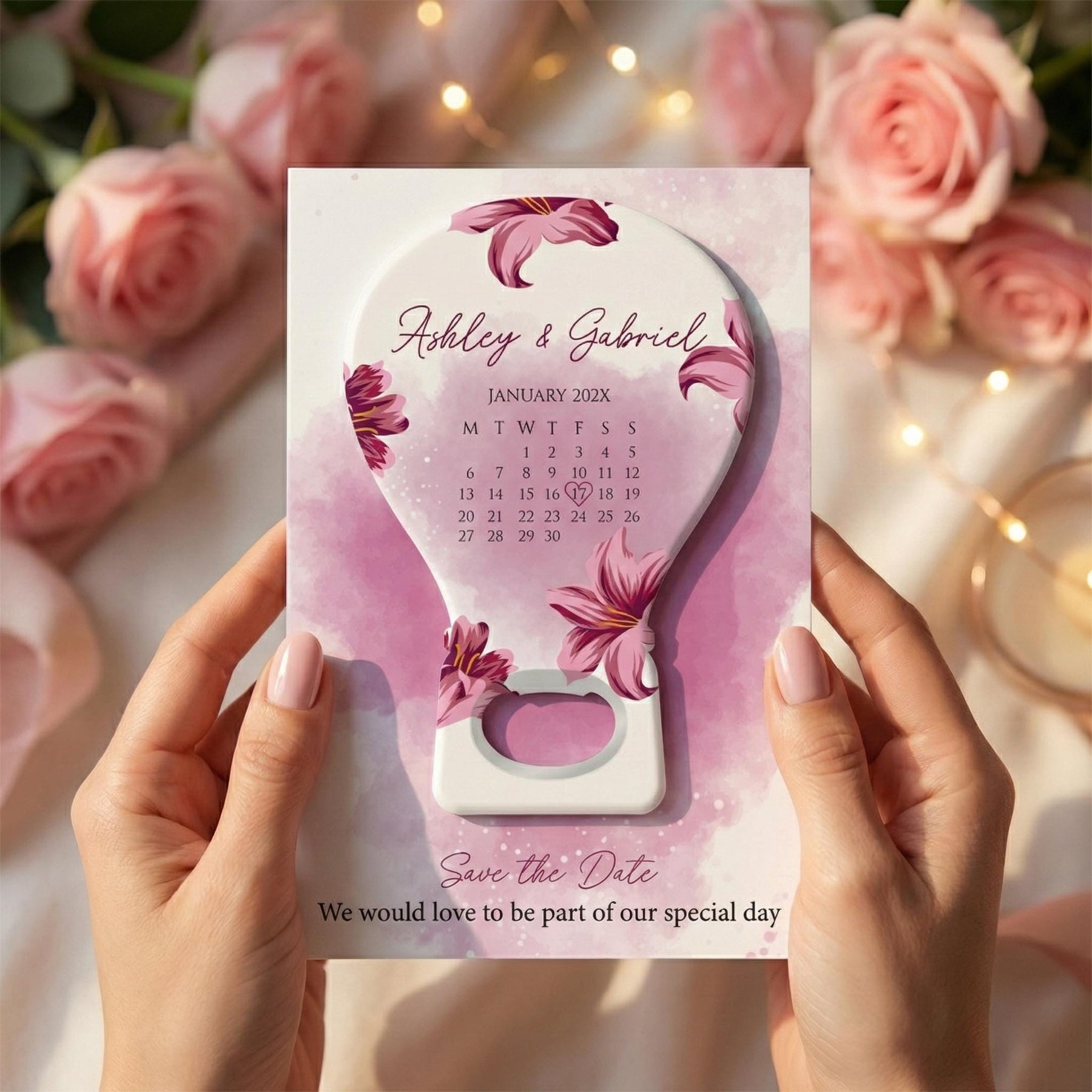 Pink Floral Calendar Save the Date Bottle Opener Magnets