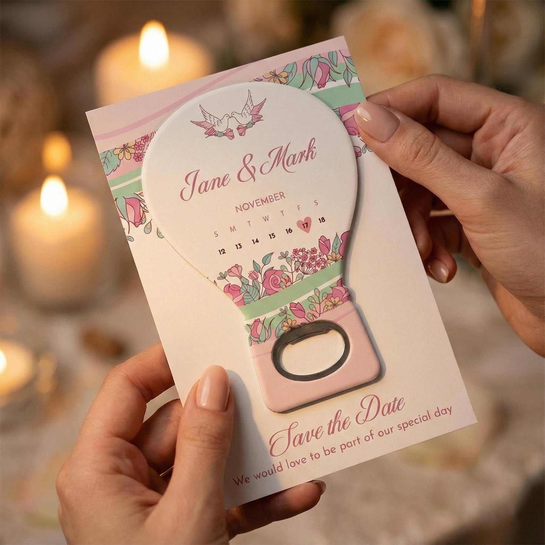 Pink Floral Hot Air Balloon Save the Date Bottle Opener Magnets