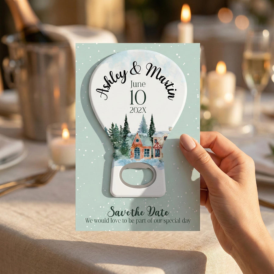 Winter Snow Globe Save the Date Bottle Opener Magnets