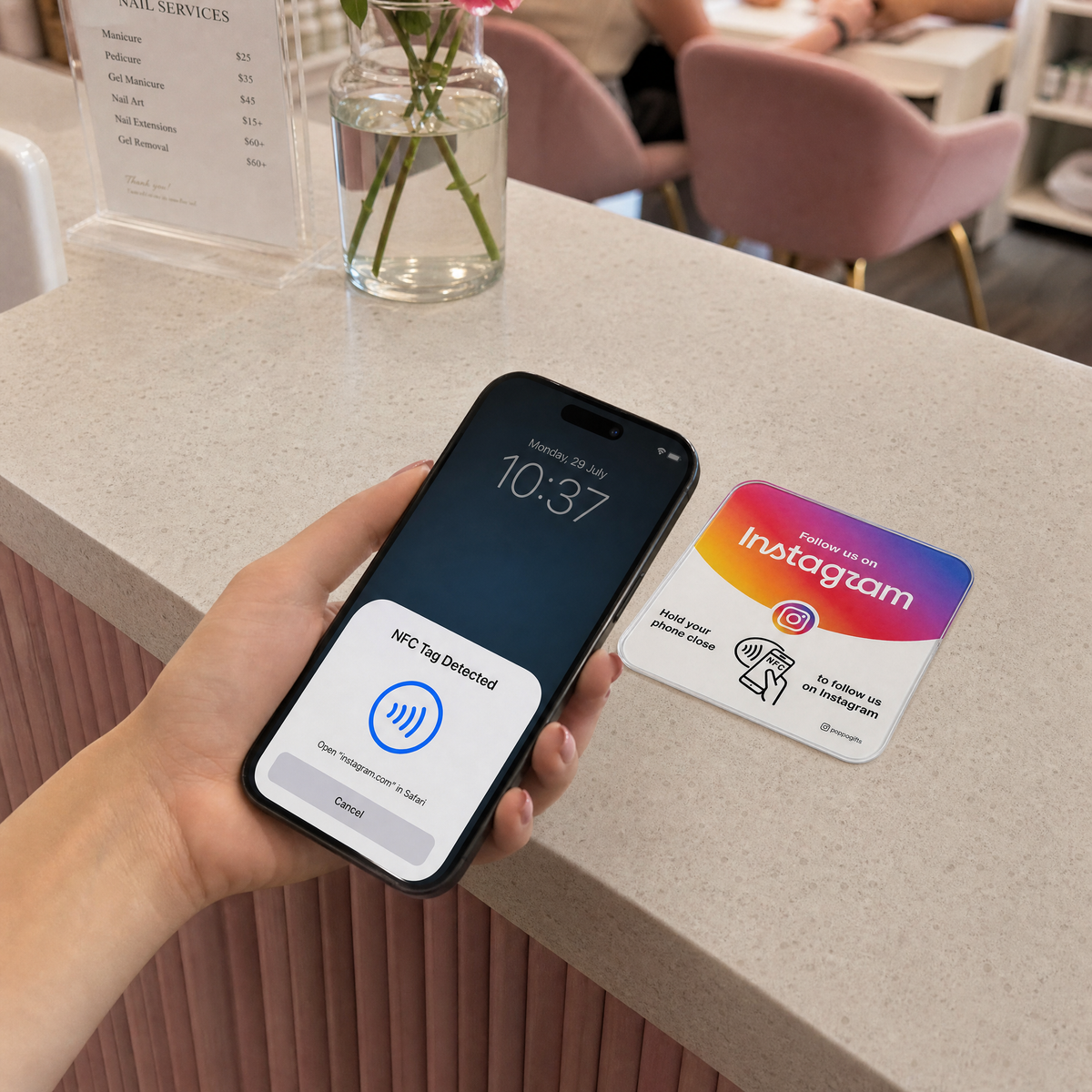 Phone scanning an Instagram NFC card on a shop counter
