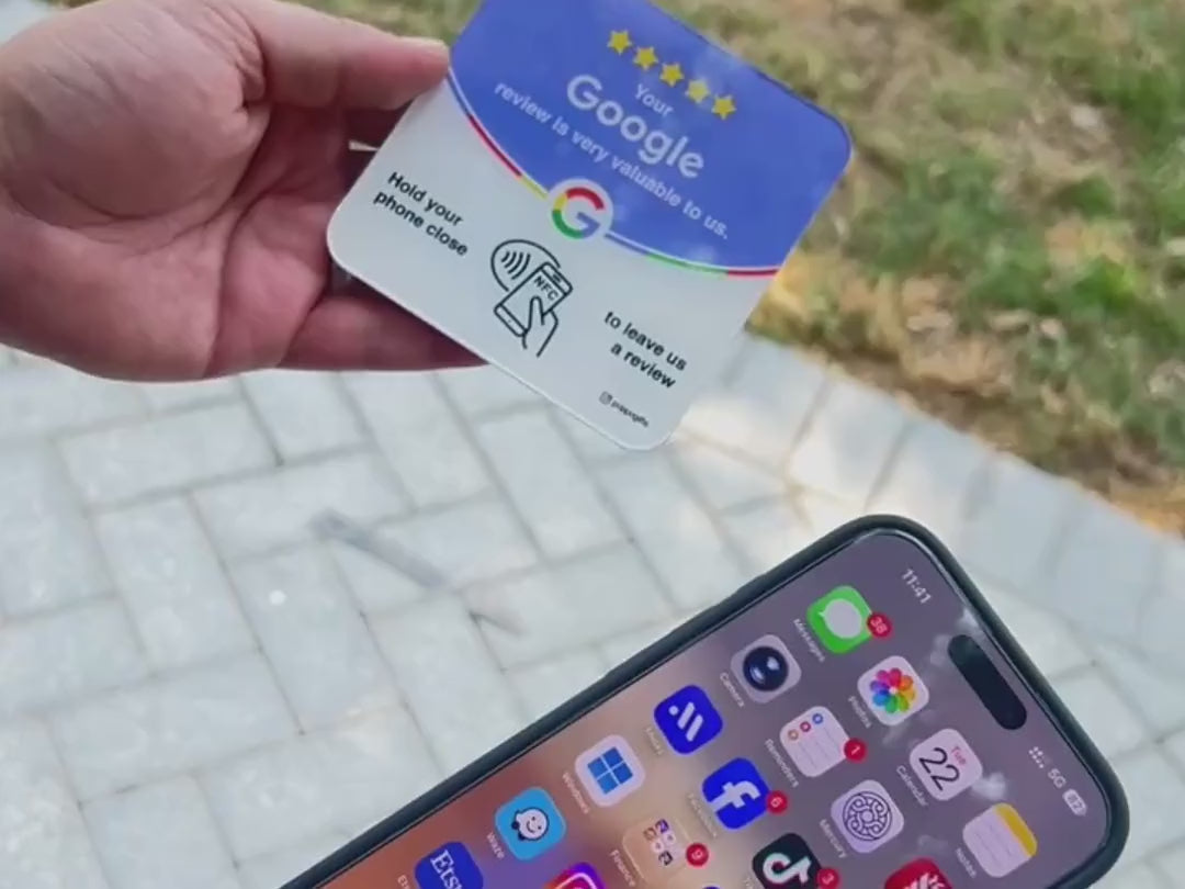 Google Review and WhatsApp NFC cards opening their programmed destinations on a smartphone