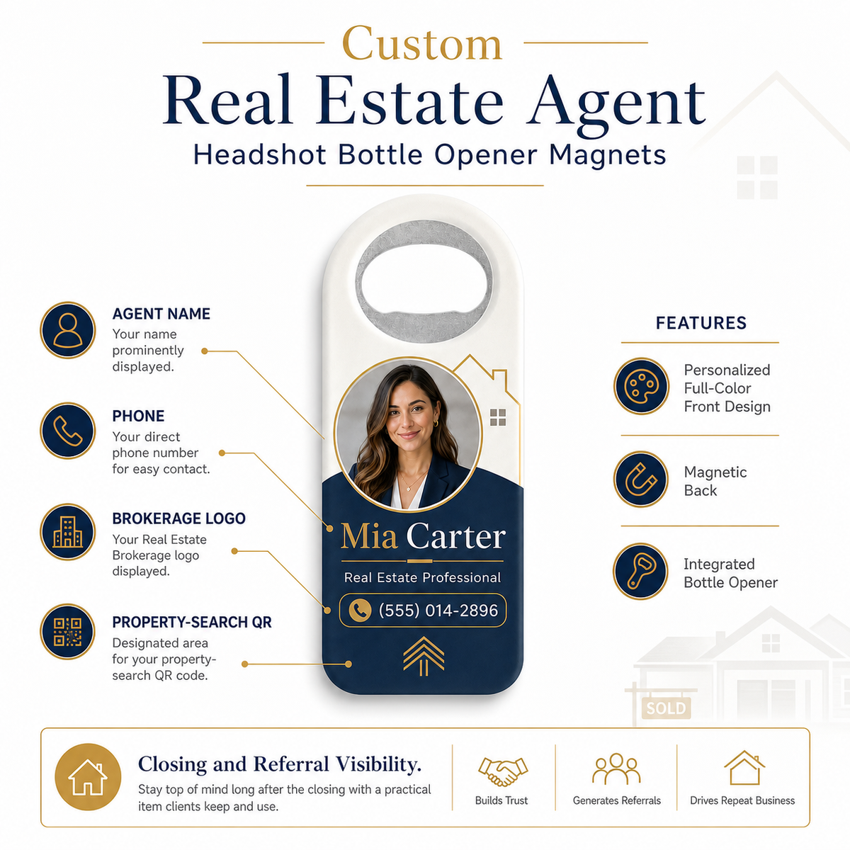 Custom Real Estate Agent Headshot Bottle Opener Magnets – product features infographic