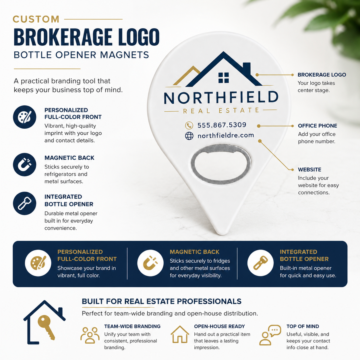Custom Brokerage Logo Bottle Opener Magnets – product features infographic