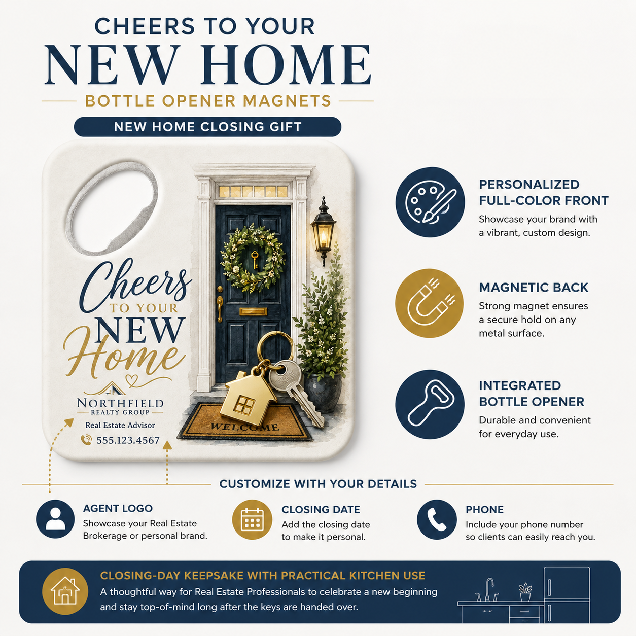 Cheers to Your New Home Bottle Opener Magnets – product features infographic