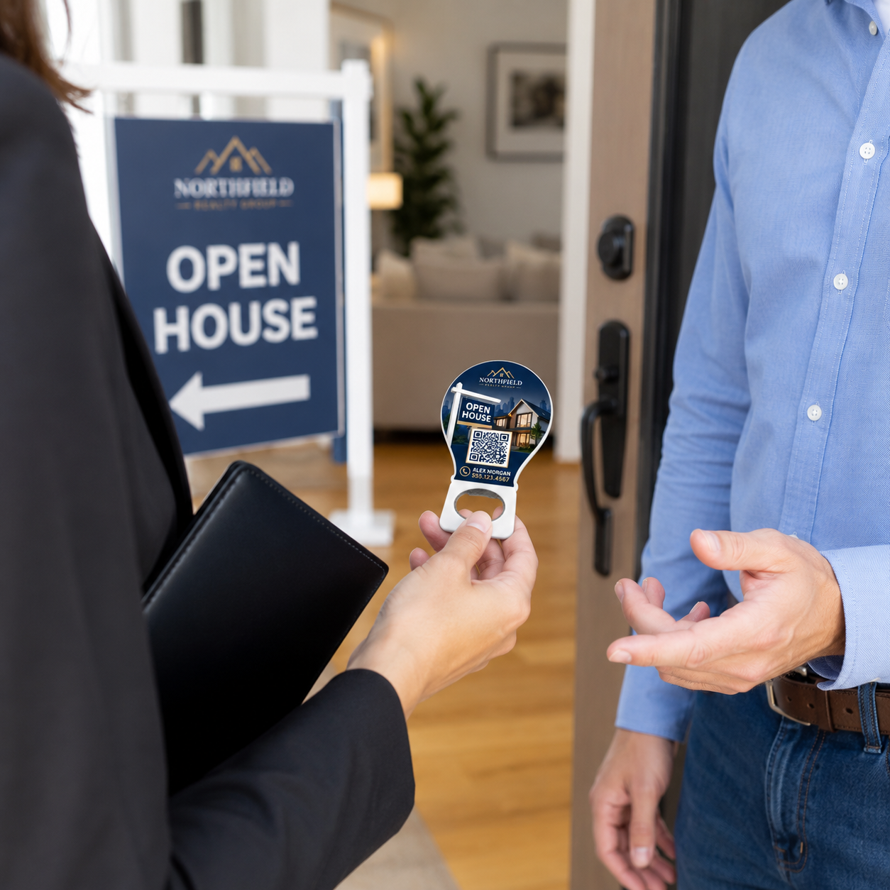 Open House QR Bottle Opener Magnets – promotional use scene