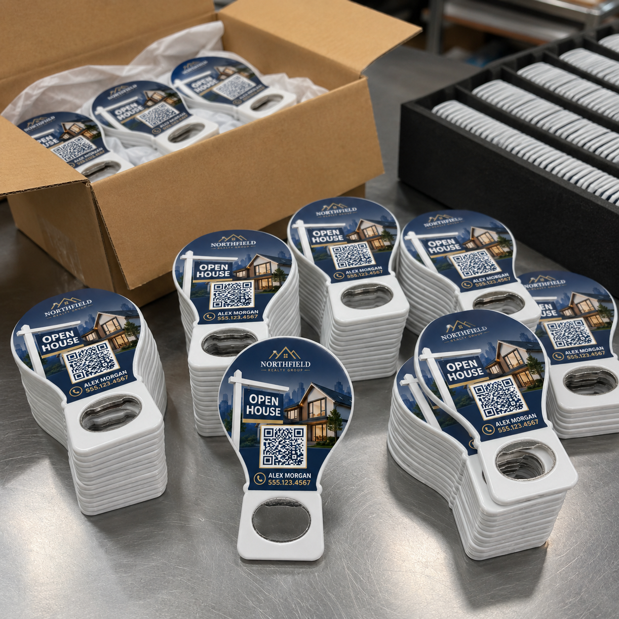 Open House QR Bottle Opener Magnets – bulk order presentation