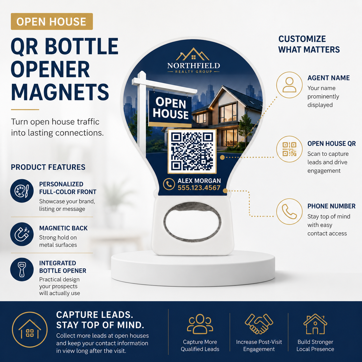 Open House QR Bottle Opener Magnets – product features infographic