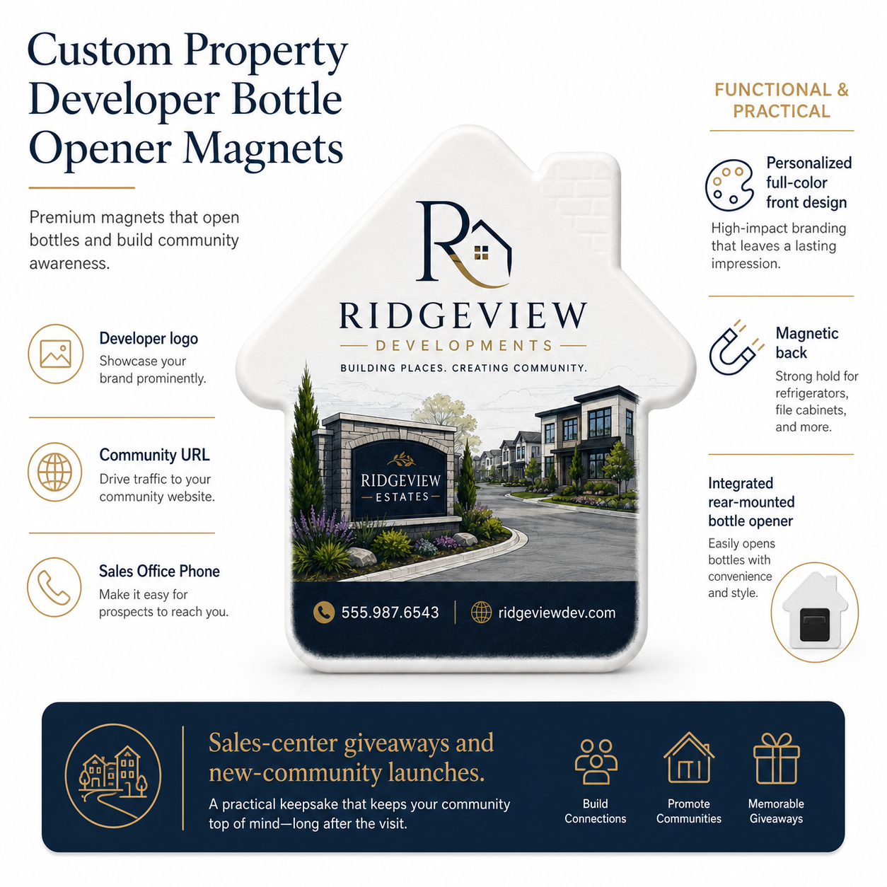 Custom Property Developer Bottle Opener Magnets – product features infographic