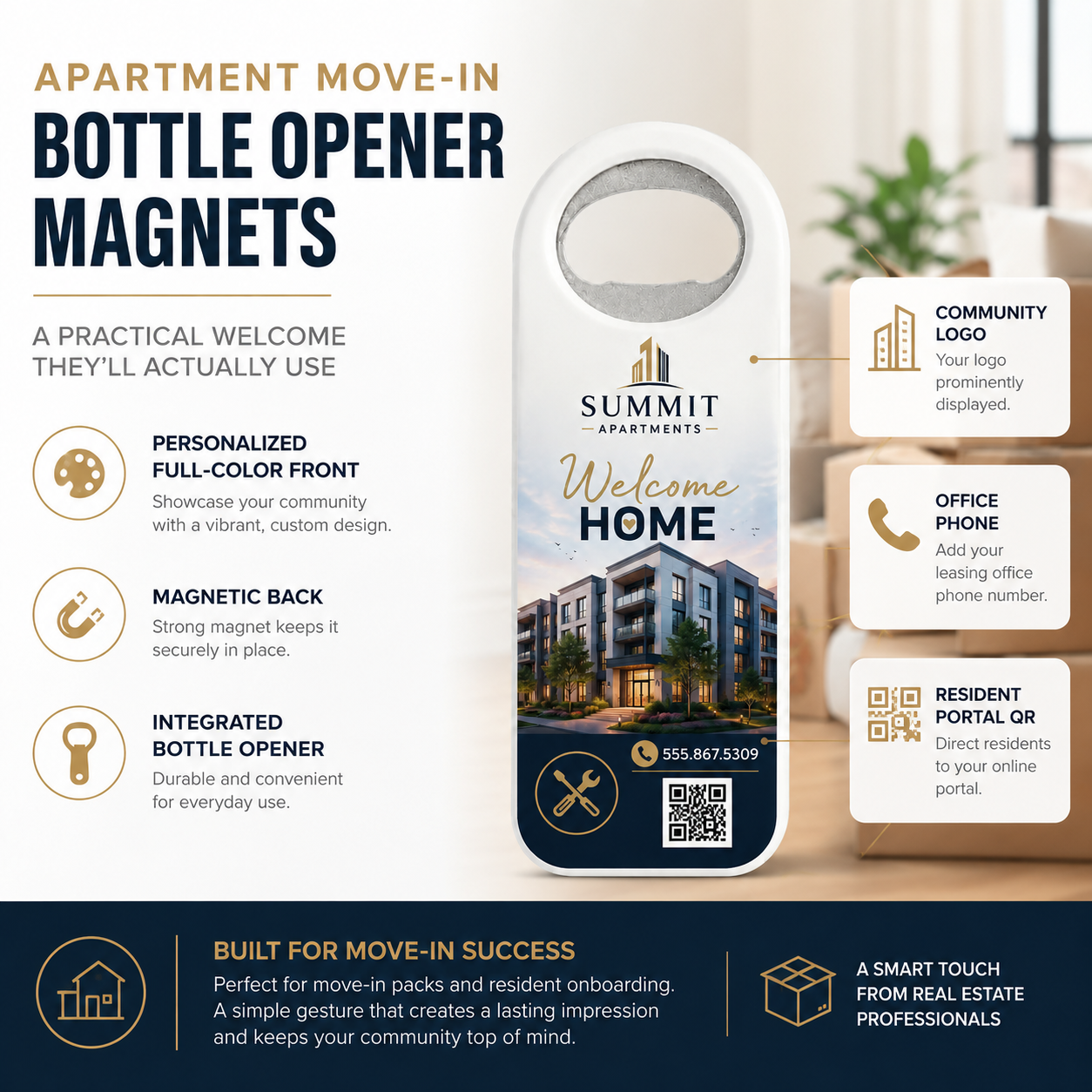 Apartment Move-In Bottle Opener Magnets – product features infographic