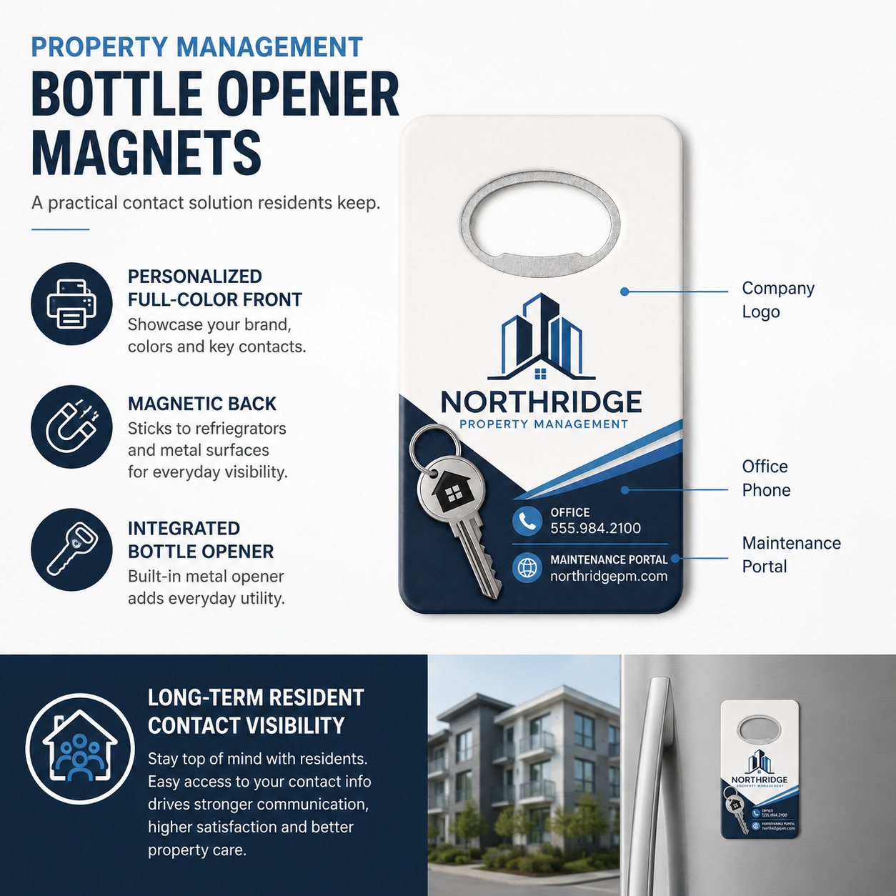 Property Management Bottle Opener Magnets – product features infographic