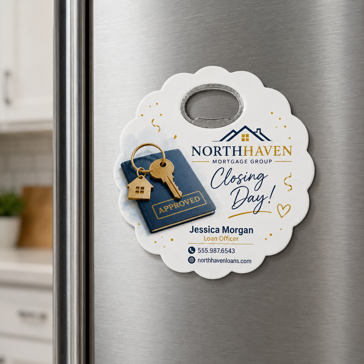 Mortgage Broker Closing Bottle Opener Magnets – magnetic use on a metal surface