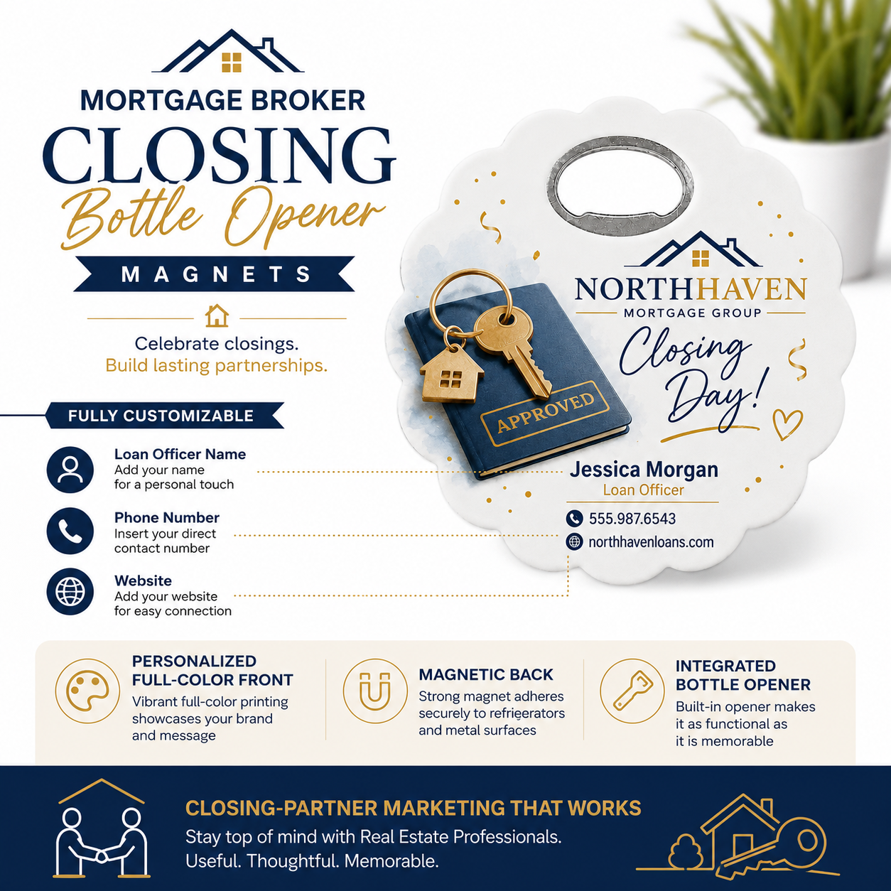 Mortgage Broker Closing Bottle Opener Magnets – product features infographic