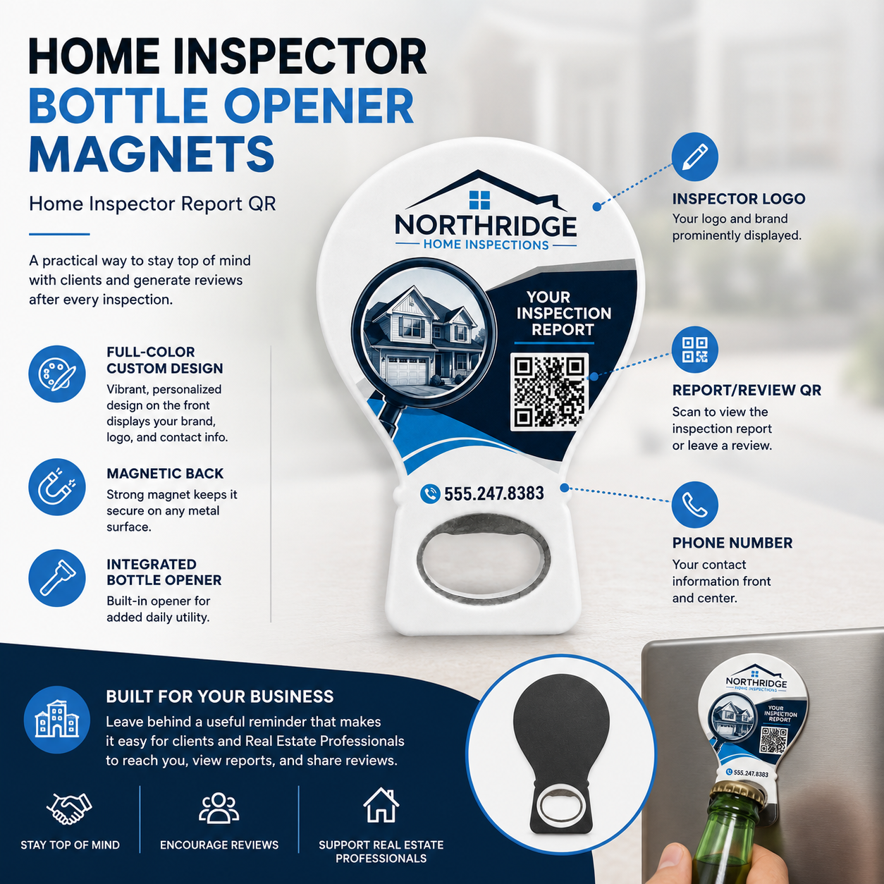 Home Inspector Bottle Opener Magnets – product features infographic