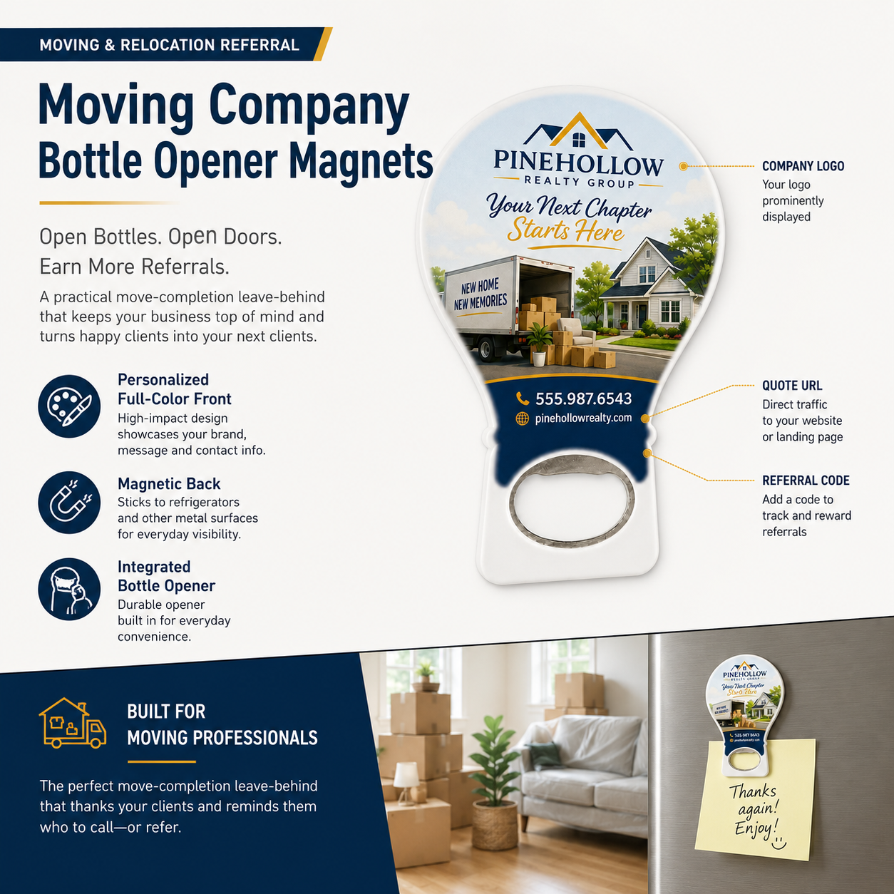 Moving Company Bottle Opener Magnets – product features infographic