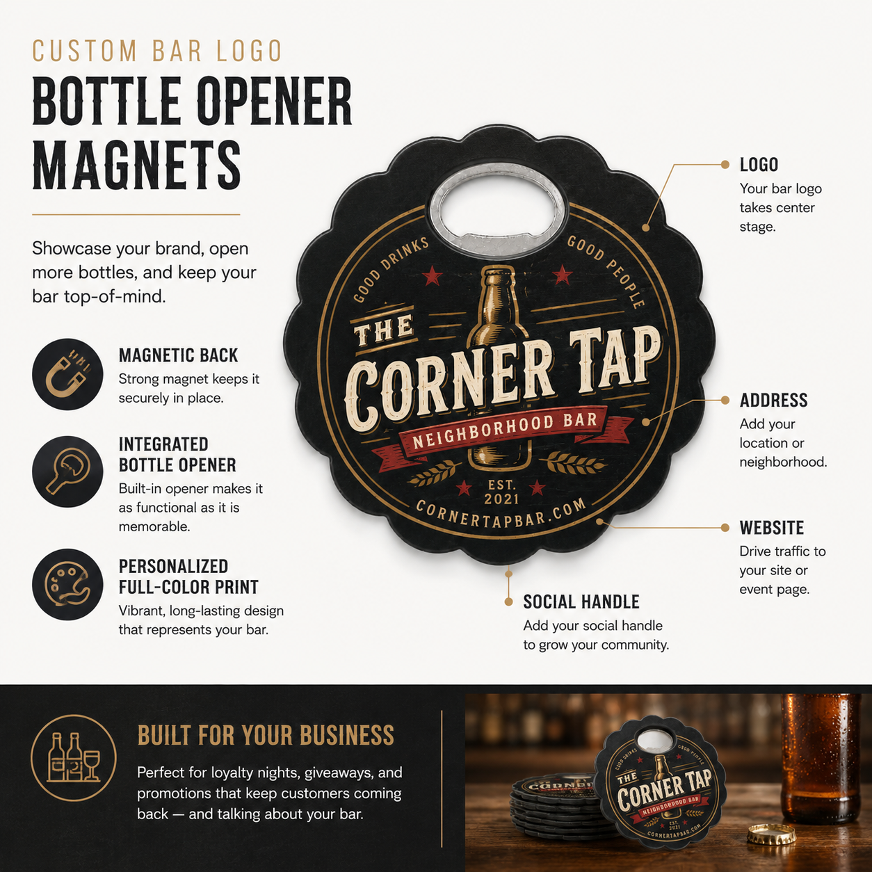 Custom Bar Logo Bottle Opener Magnets – product features infographic