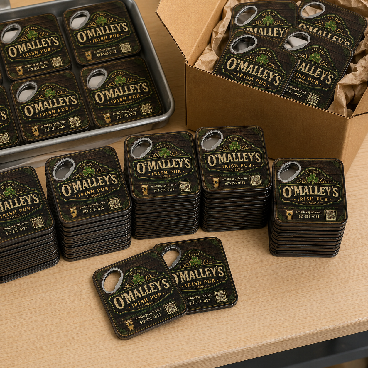 Custom Pub Bottle Opener Magnets – bulk order presentation