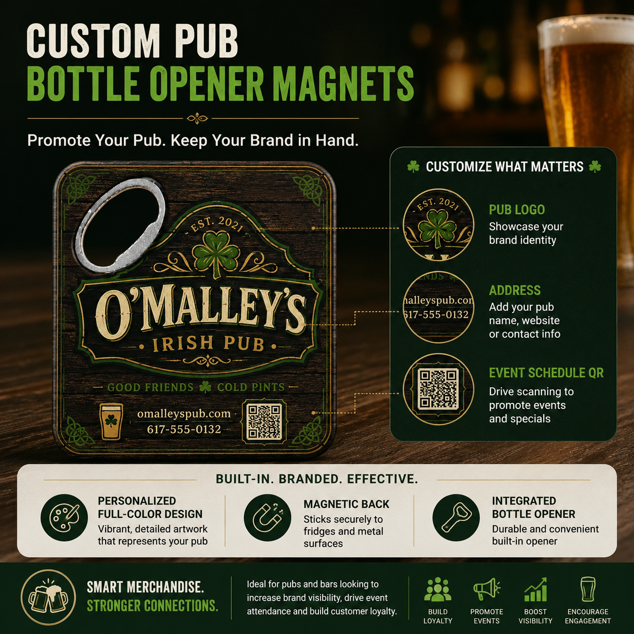 Custom Pub Bottle Opener Magnets – product features infographic
