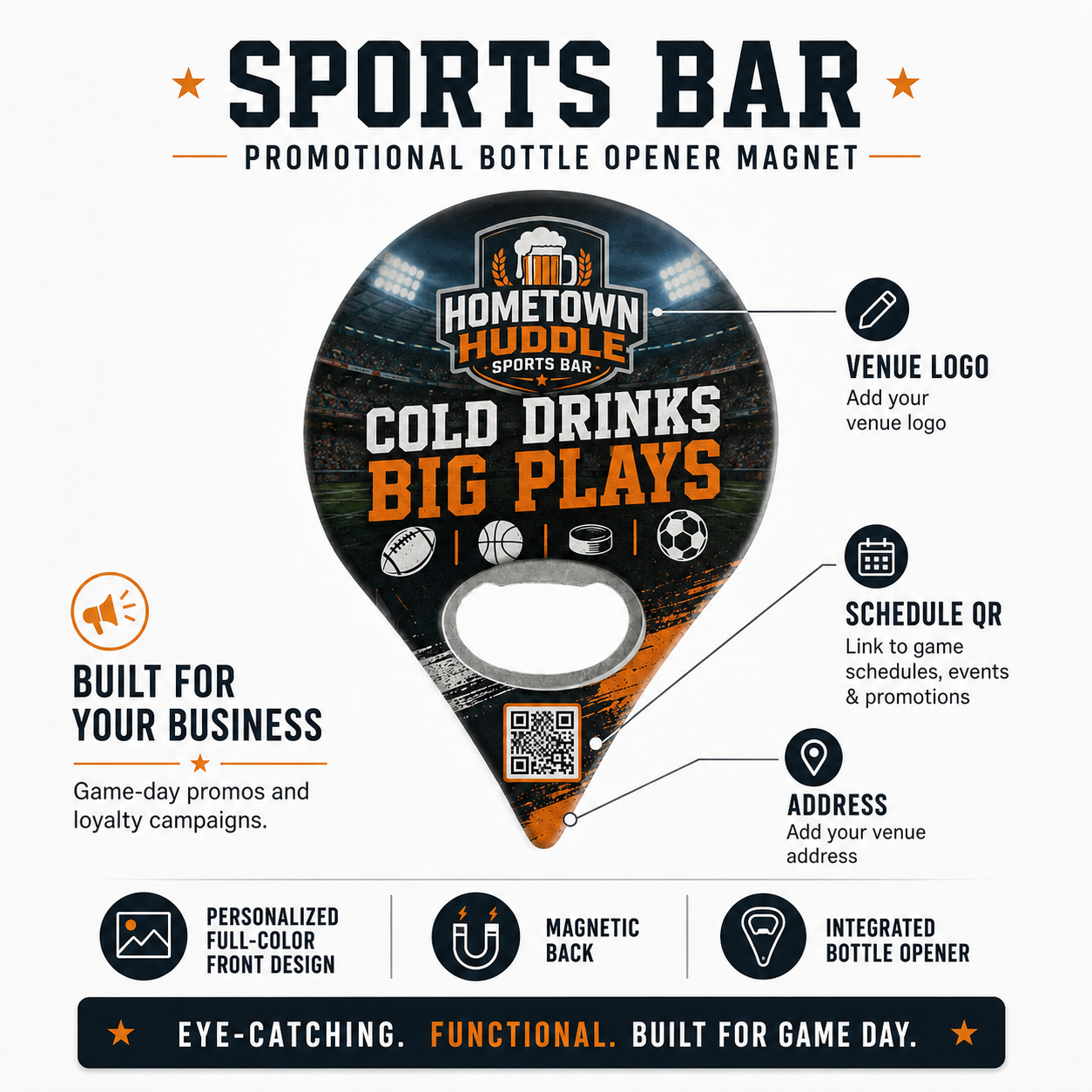 Sports Bar Promotional Bottle Opener Magnets – product features infographic