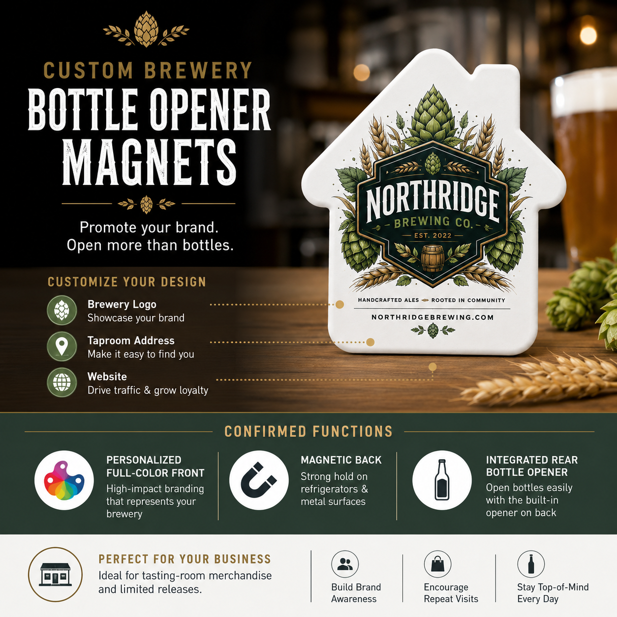 Custom Brewery Bottle Opener Magnets – product features infographic
