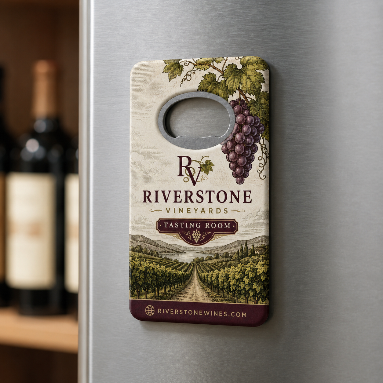 Custom Winery Bottle Opener Magnets – magnetic use on a metal surface