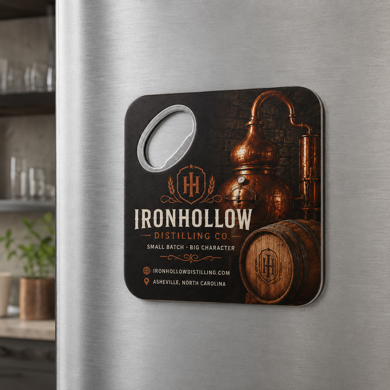 Custom Distillery Bottle Opener Magnets – magnetic use on a metal surface