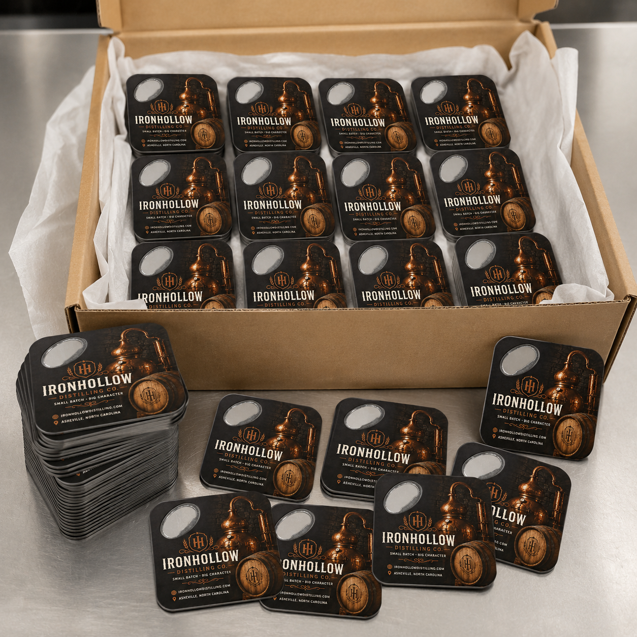 Custom Distillery Bottle Opener Magnets – bulk order presentation