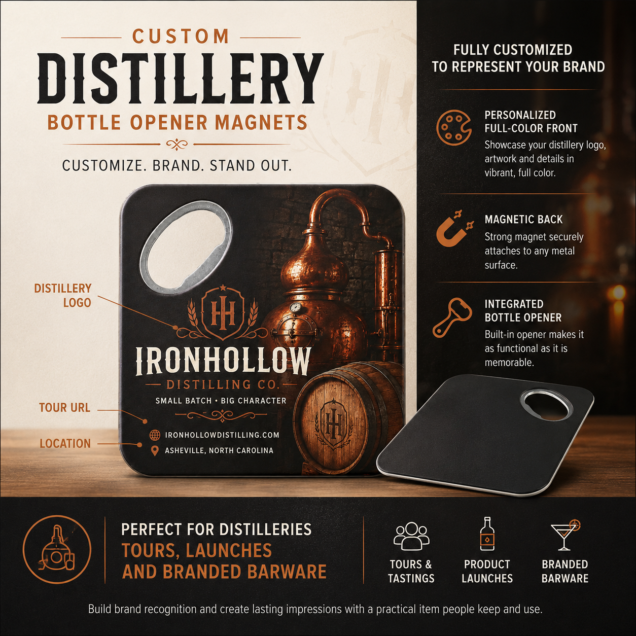 Custom Distillery Bottle Opener Magnets – product features infographic