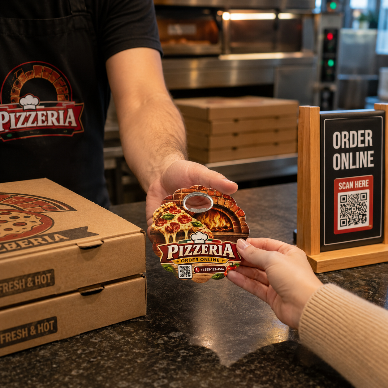 Custom Pizzeria Bottle Opener Magnets – promotional use scene