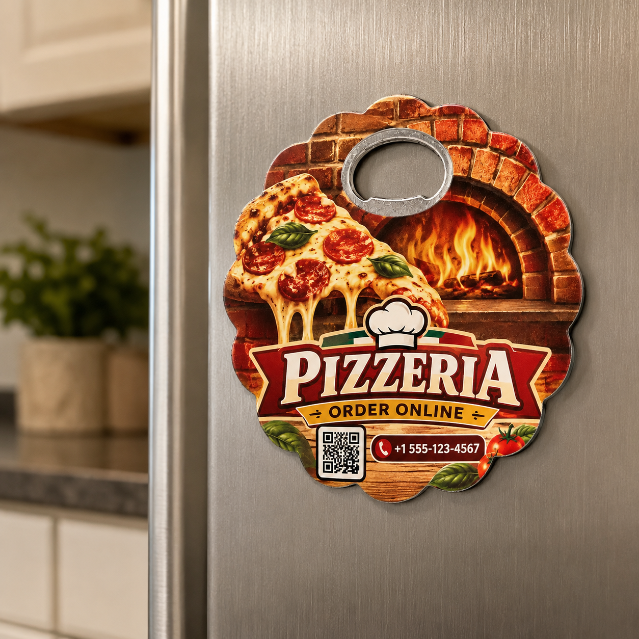Custom Pizzeria Bottle Opener Magnets – magnetic use on a metal surface