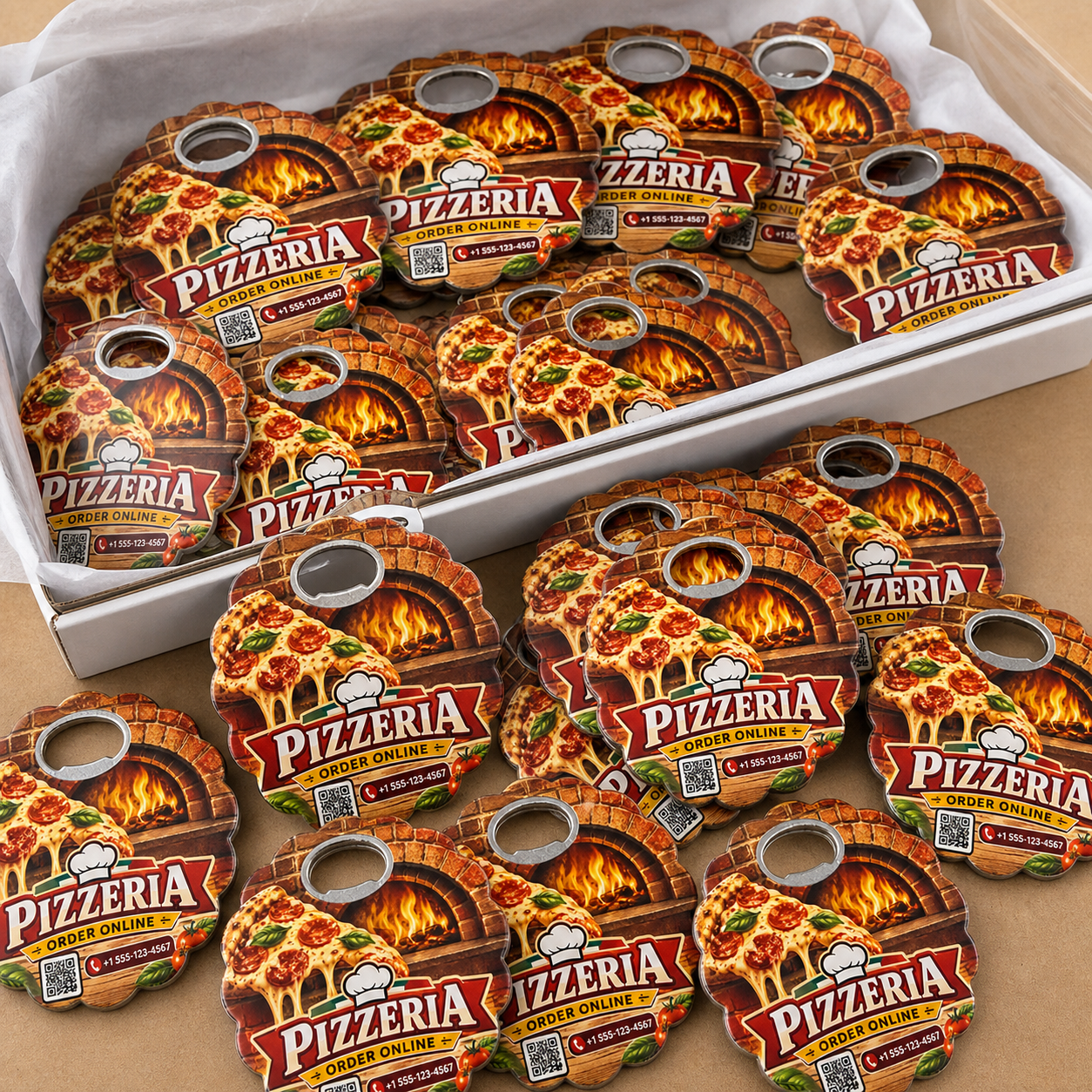 Custom Pizzeria Bottle Opener Magnets – bulk order presentation