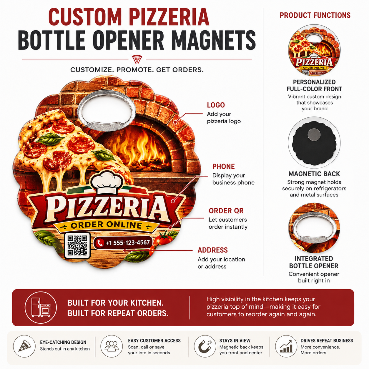 Custom Pizzeria Bottle Opener Magnets – product features infographic