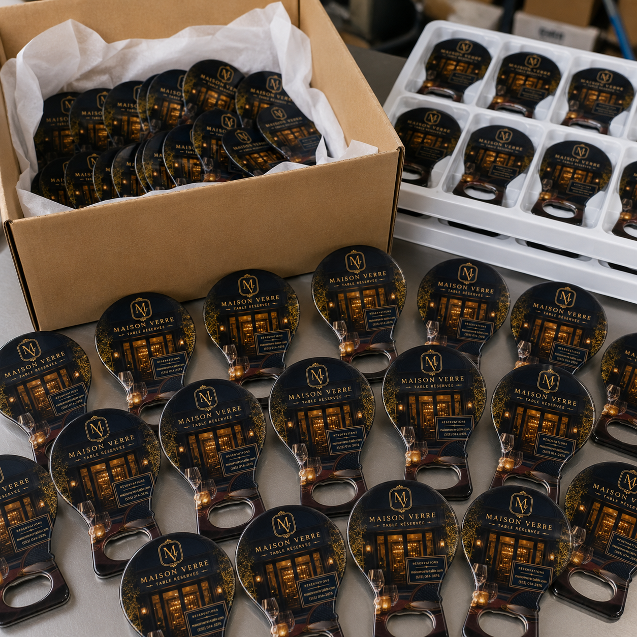 Custom Restaurant Bottle Opener Magnets – bulk order presentation
