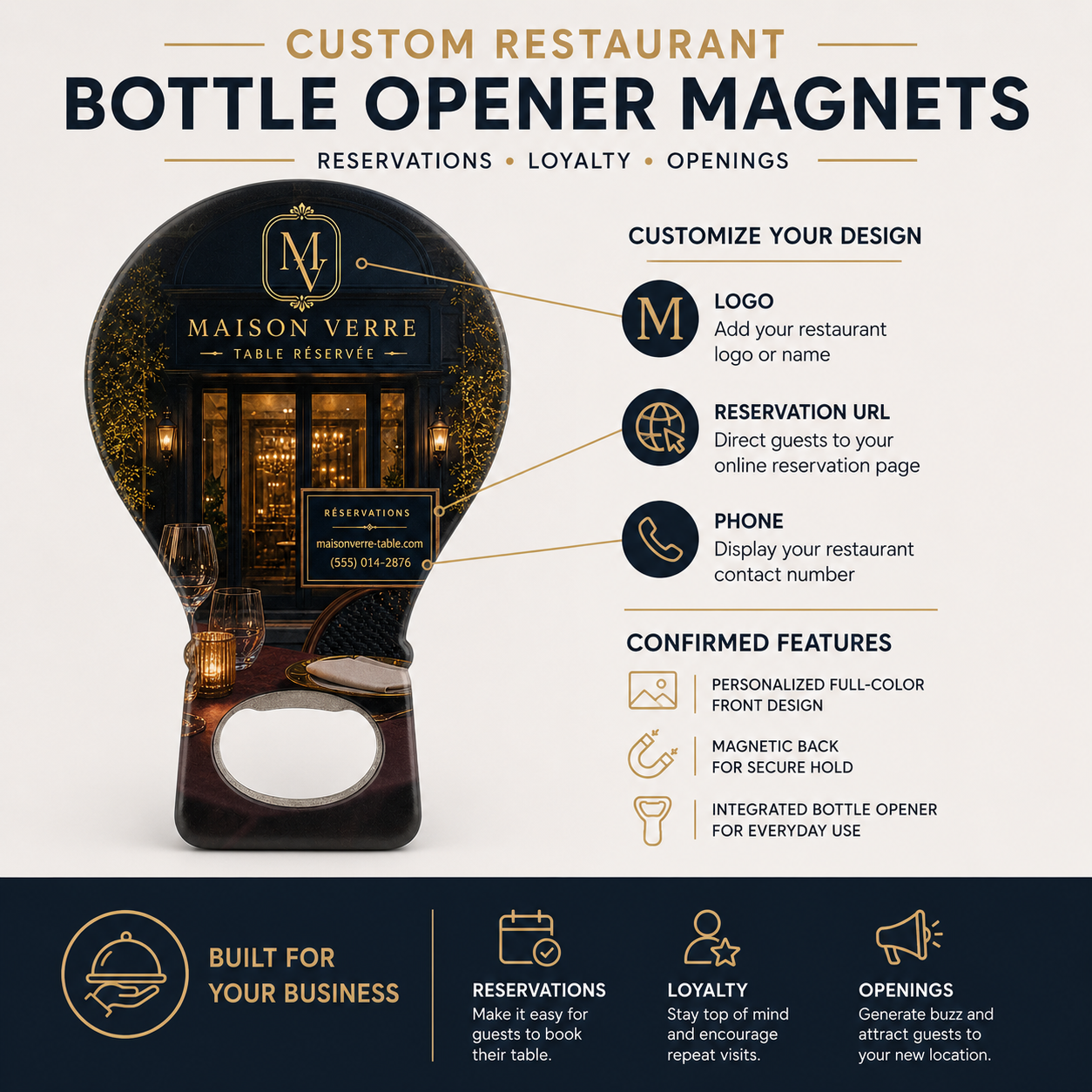 Custom Restaurant Bottle Opener Magnets – product features infographic