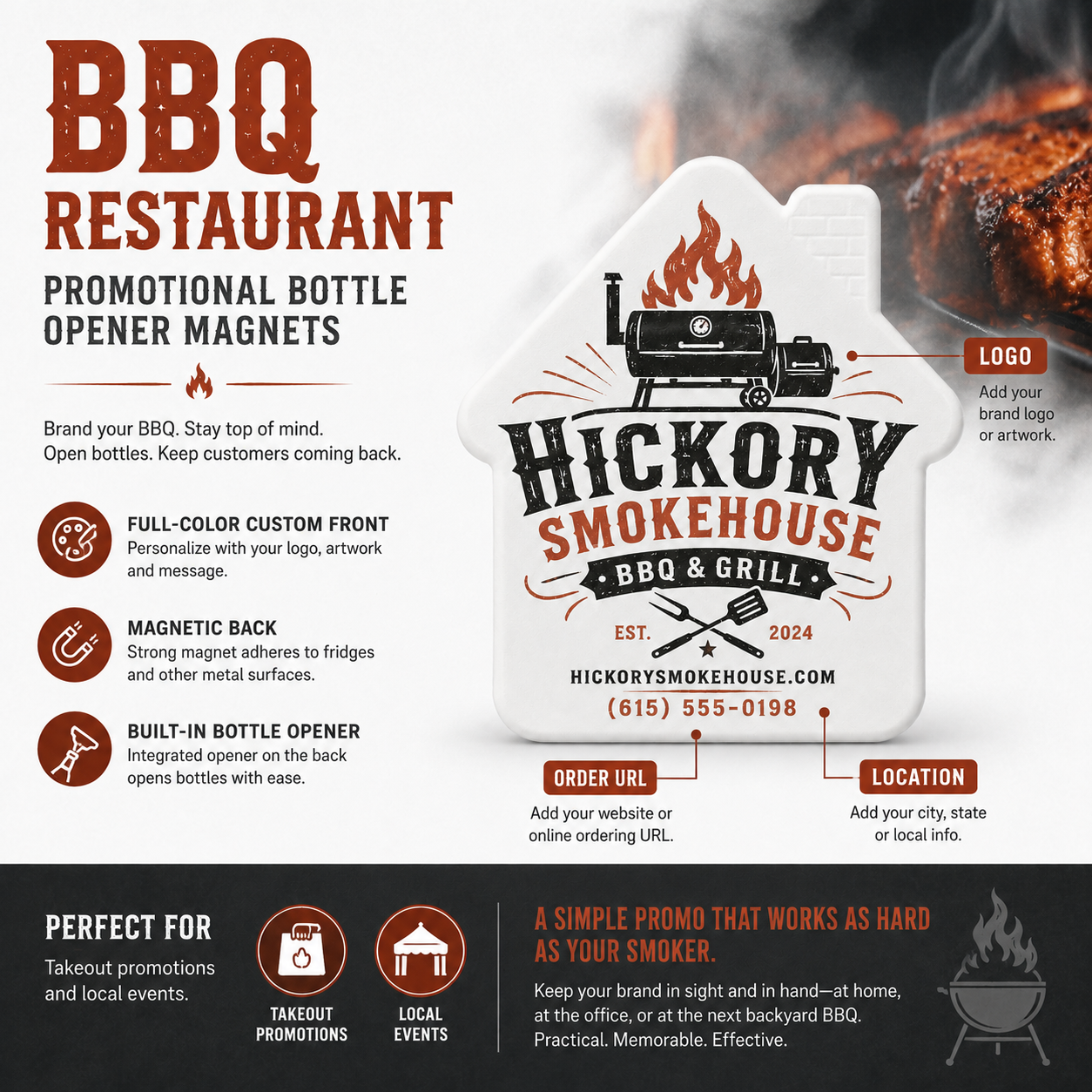 BBQ Restaurant Promotional Bottle Opener Magnets – product features infographic