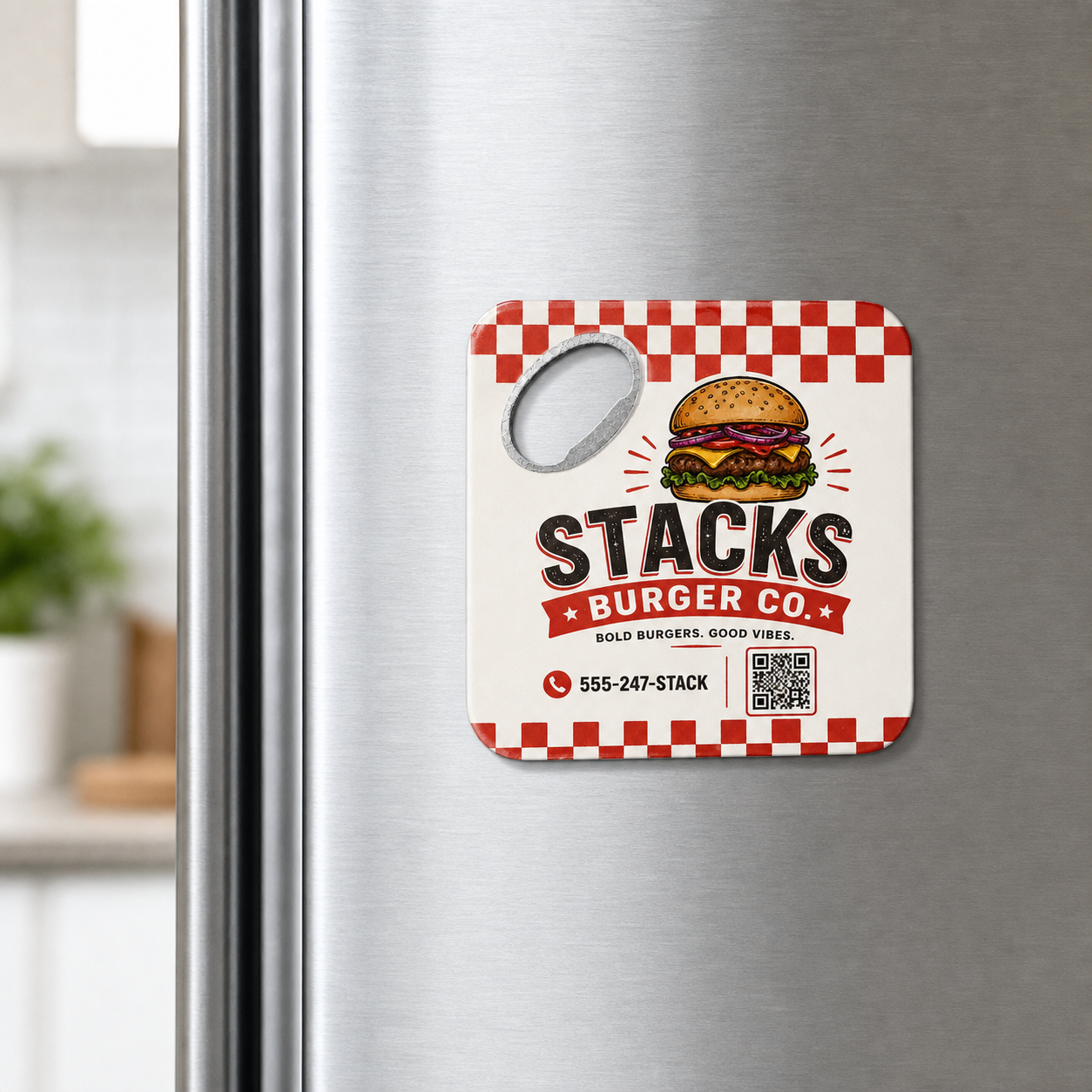 Burger Shop Bottle Opener Magnets – magnetic use on a metal surface