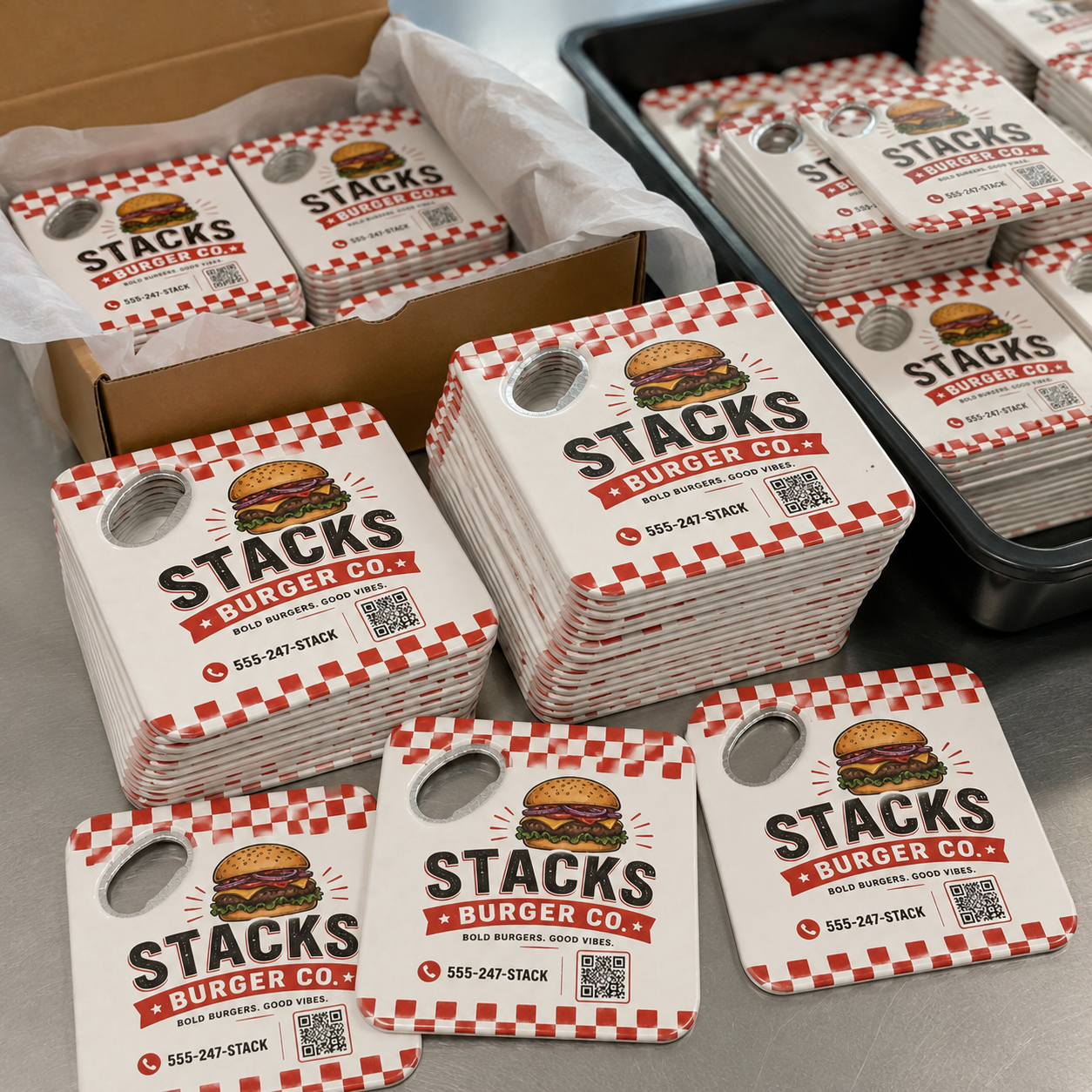 Burger Shop Bottle Opener Magnets – bulk order presentation