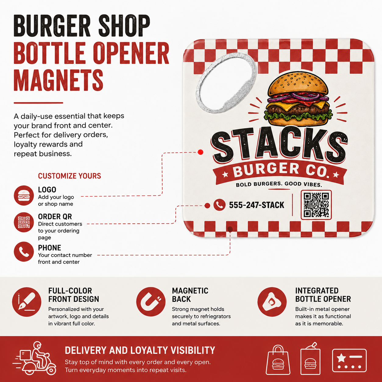 Burger Shop Bottle Opener Magnets – product features infographic