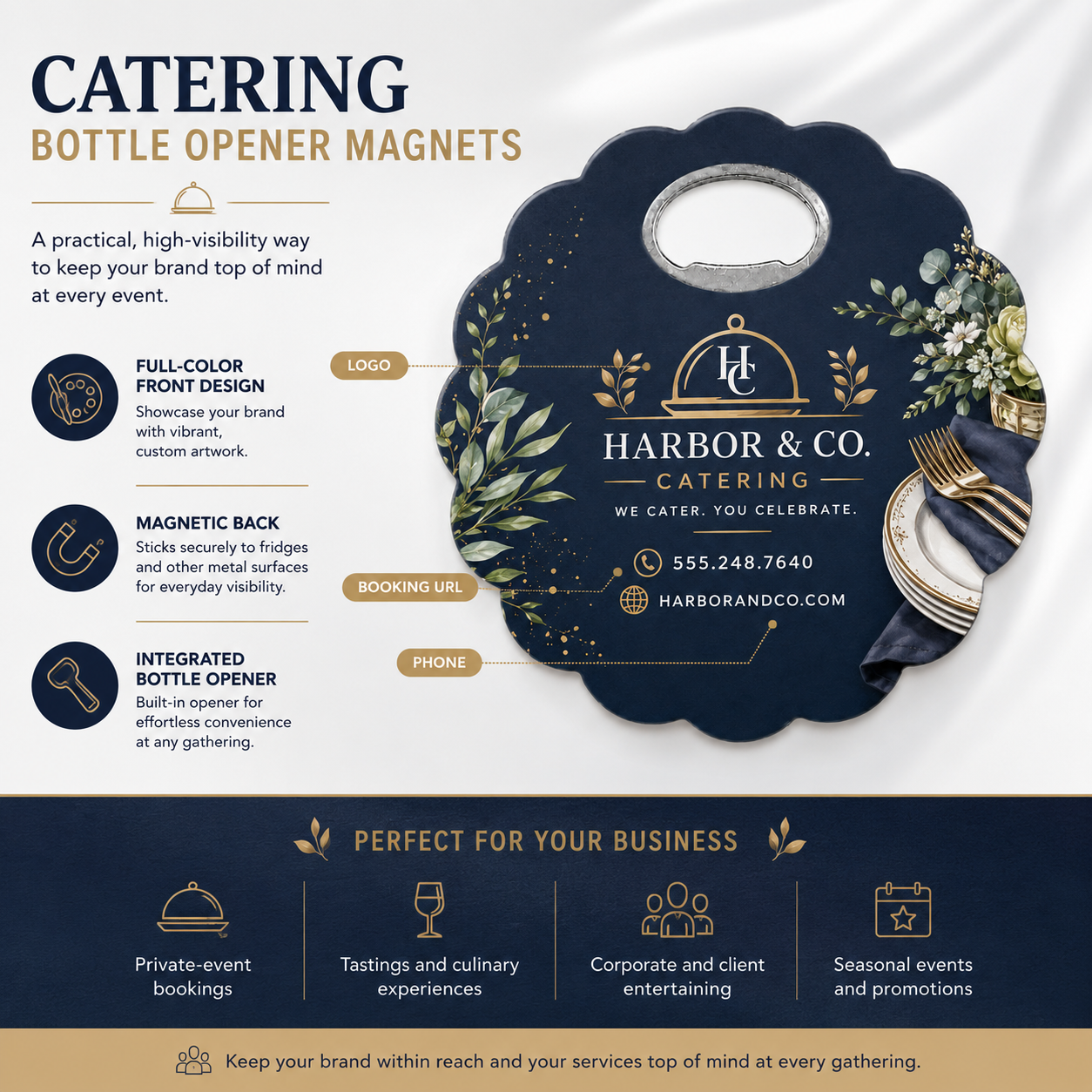 Catering Bottle Opener Magnets – product features infographic