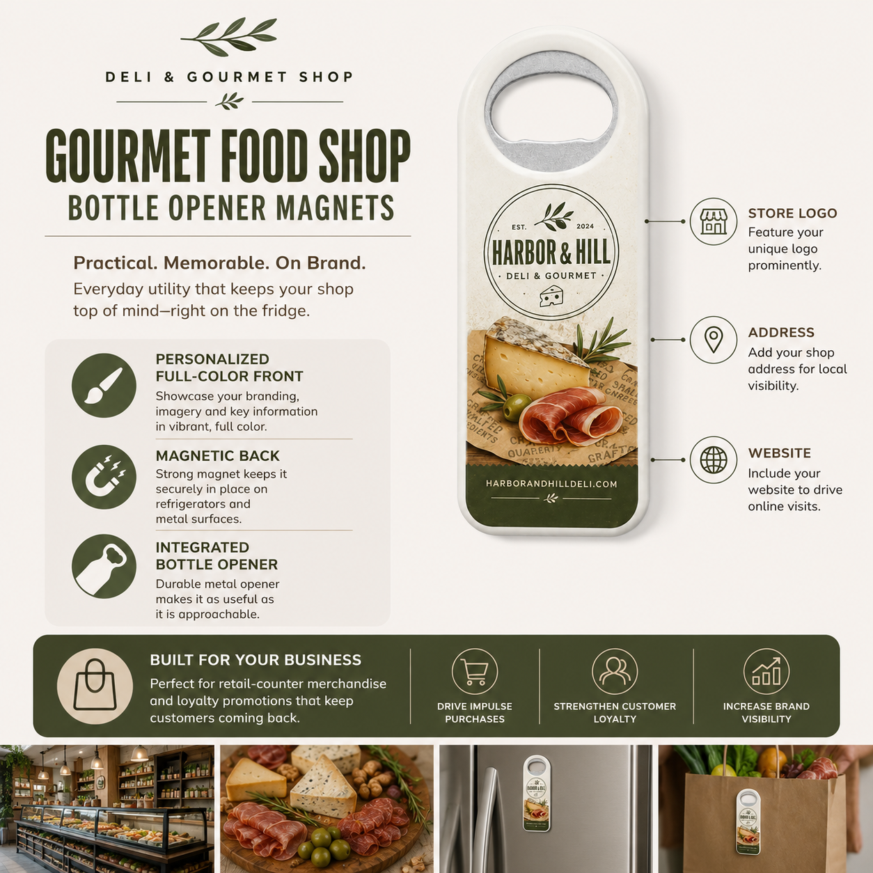 Gourmet Food Shop Bottle Opener Magnets – product features infographic