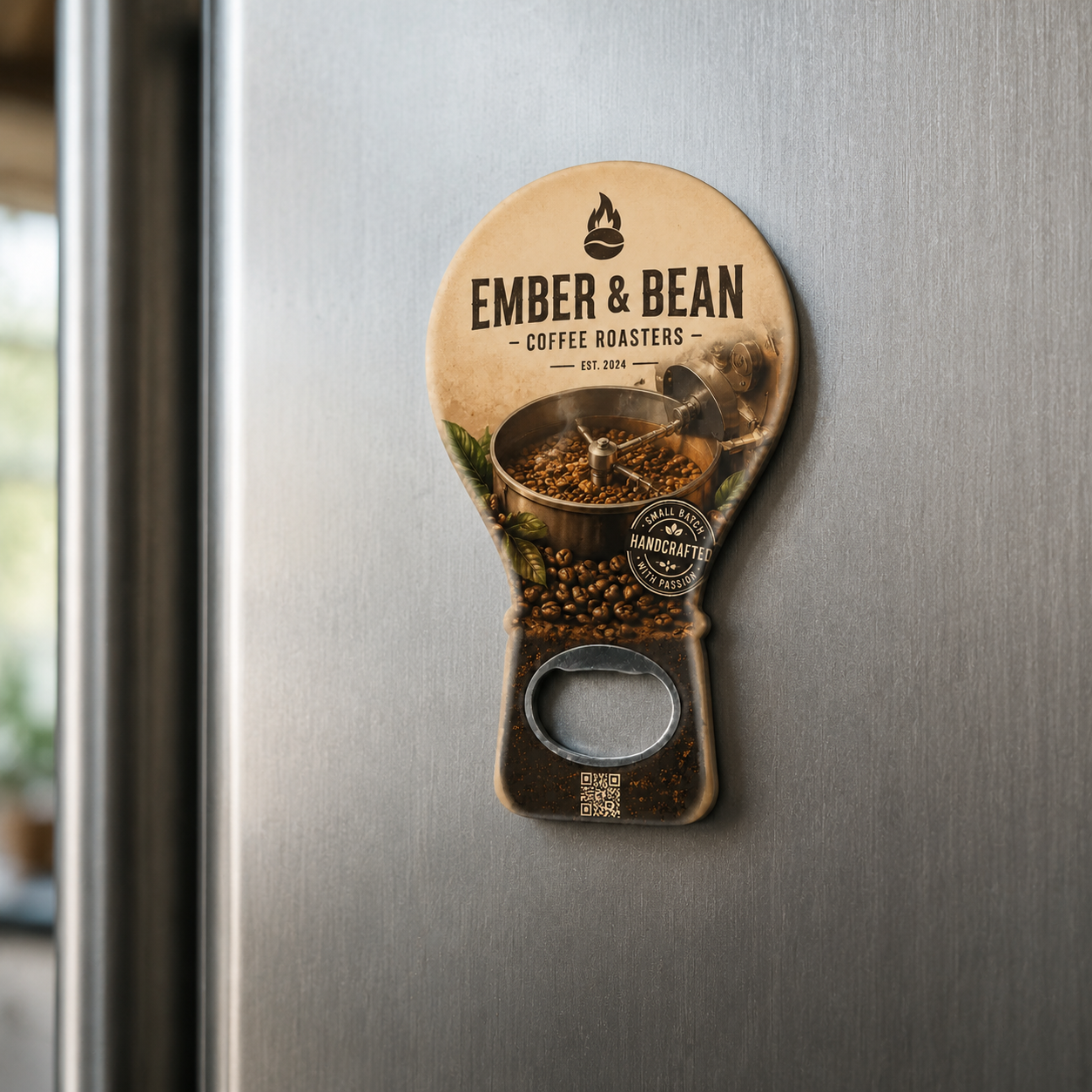Coffee Roaster Bottle Opener Magnets – magnetic use on a metal surface
