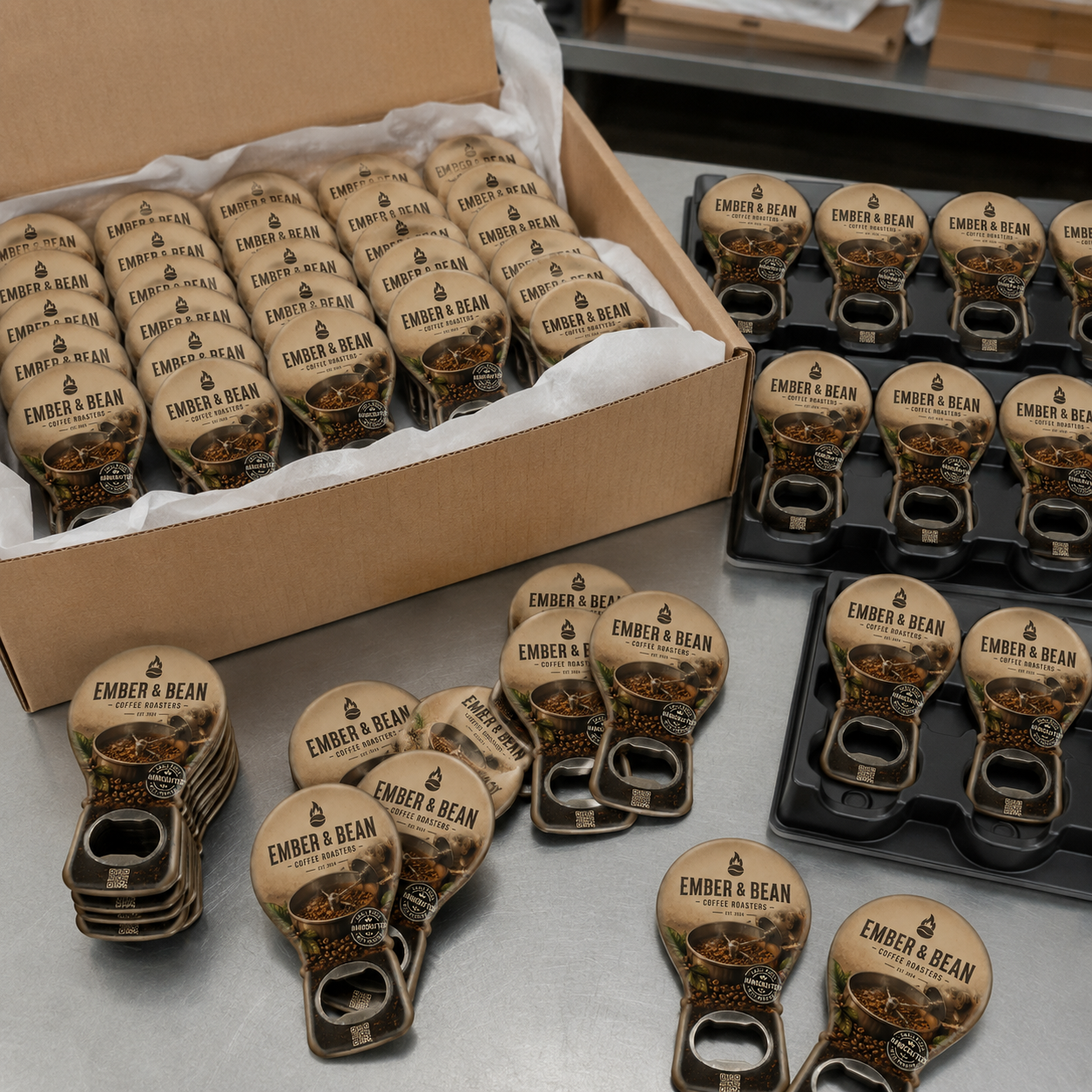 Coffee Roaster Bottle Opener Magnets – bulk order presentation