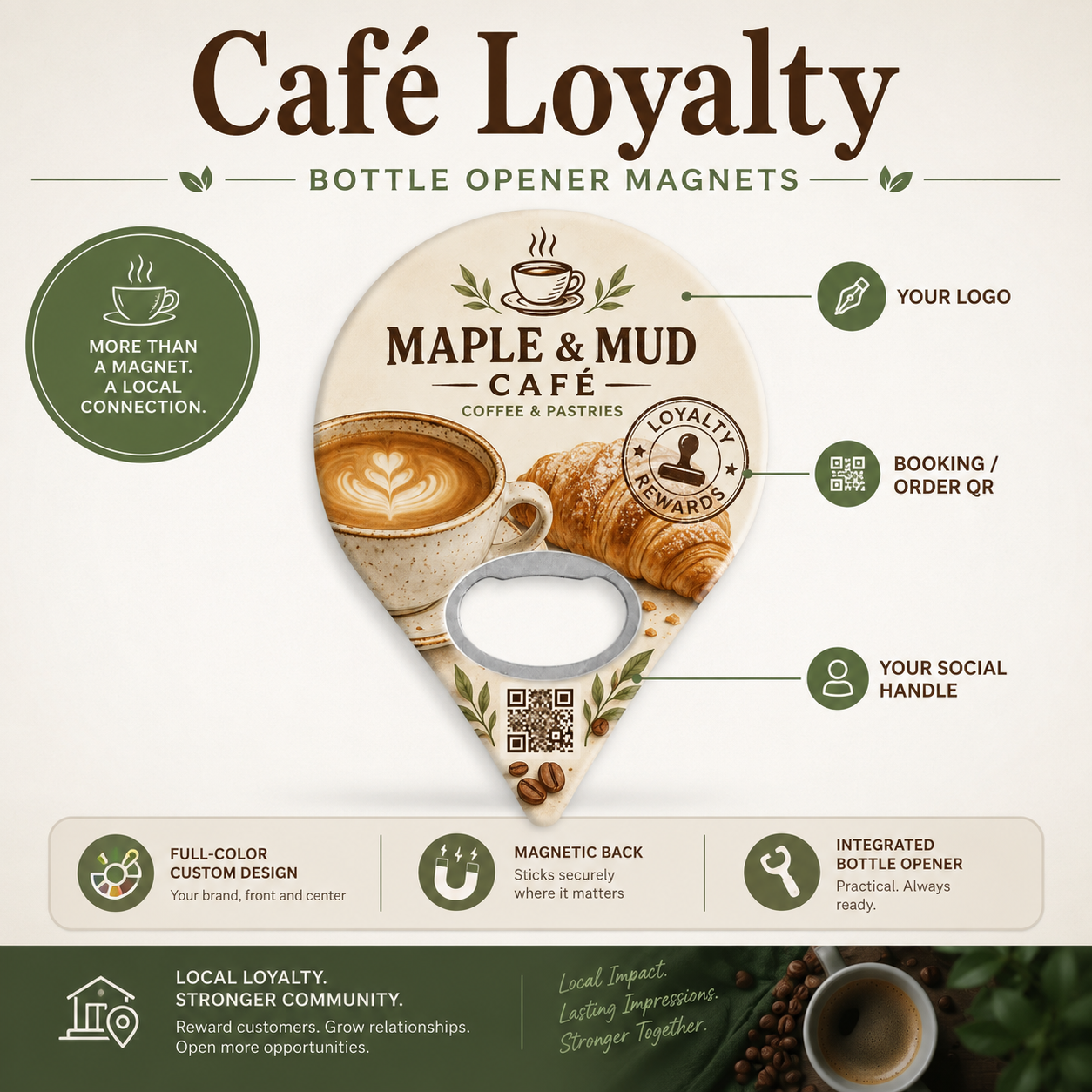 Café Loyalty Bottle Opener Magnets – product features infographic