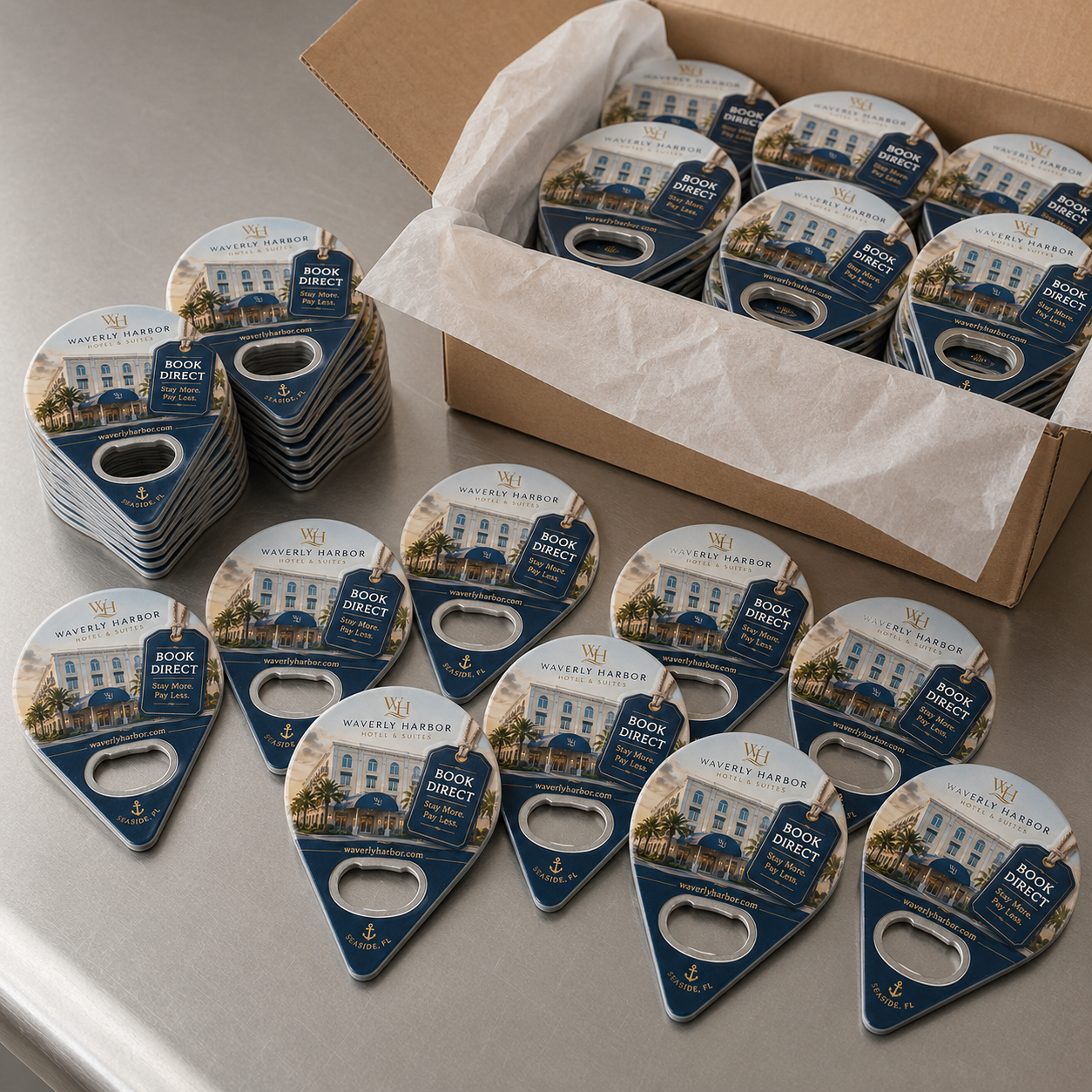 Custom Hotel Bottle Opener Magnets – bulk order presentation