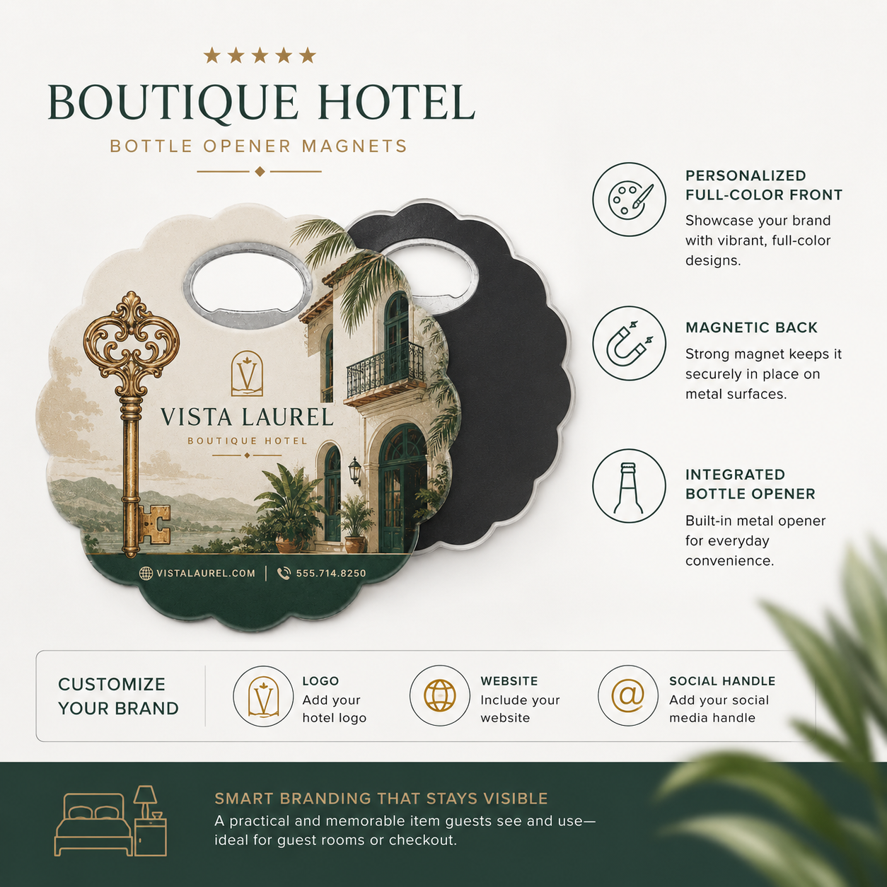 Boutique Hotel Bottle Opener Magnets – product features infographic