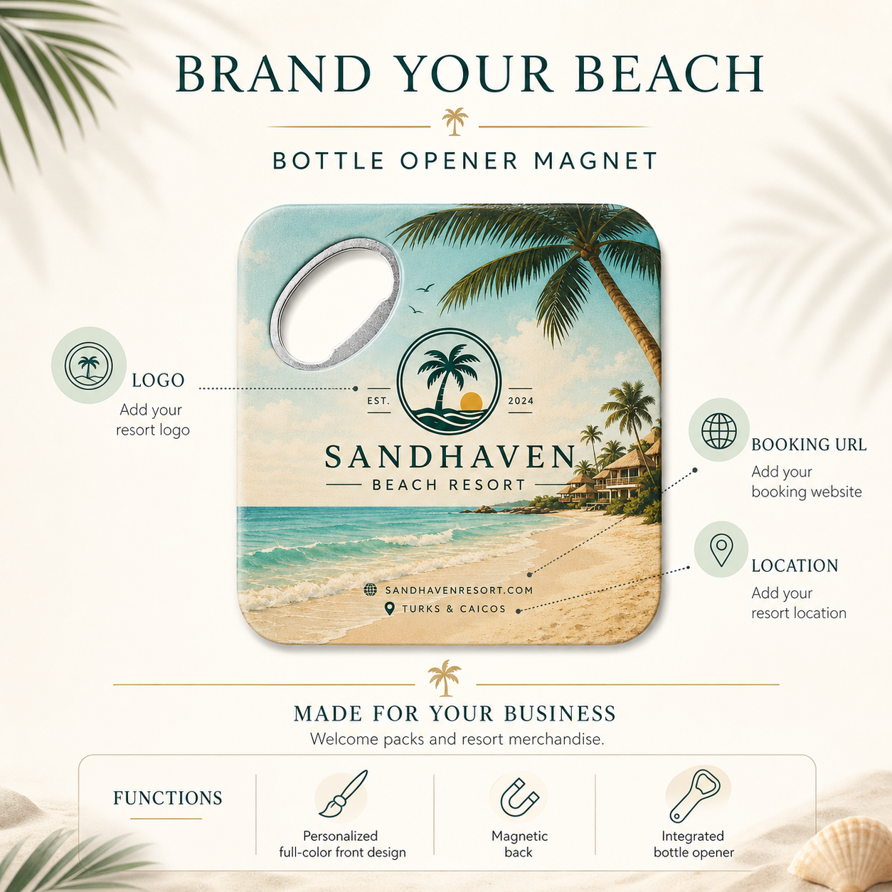 Resort Bottle Opener Magnets – product features infographic
