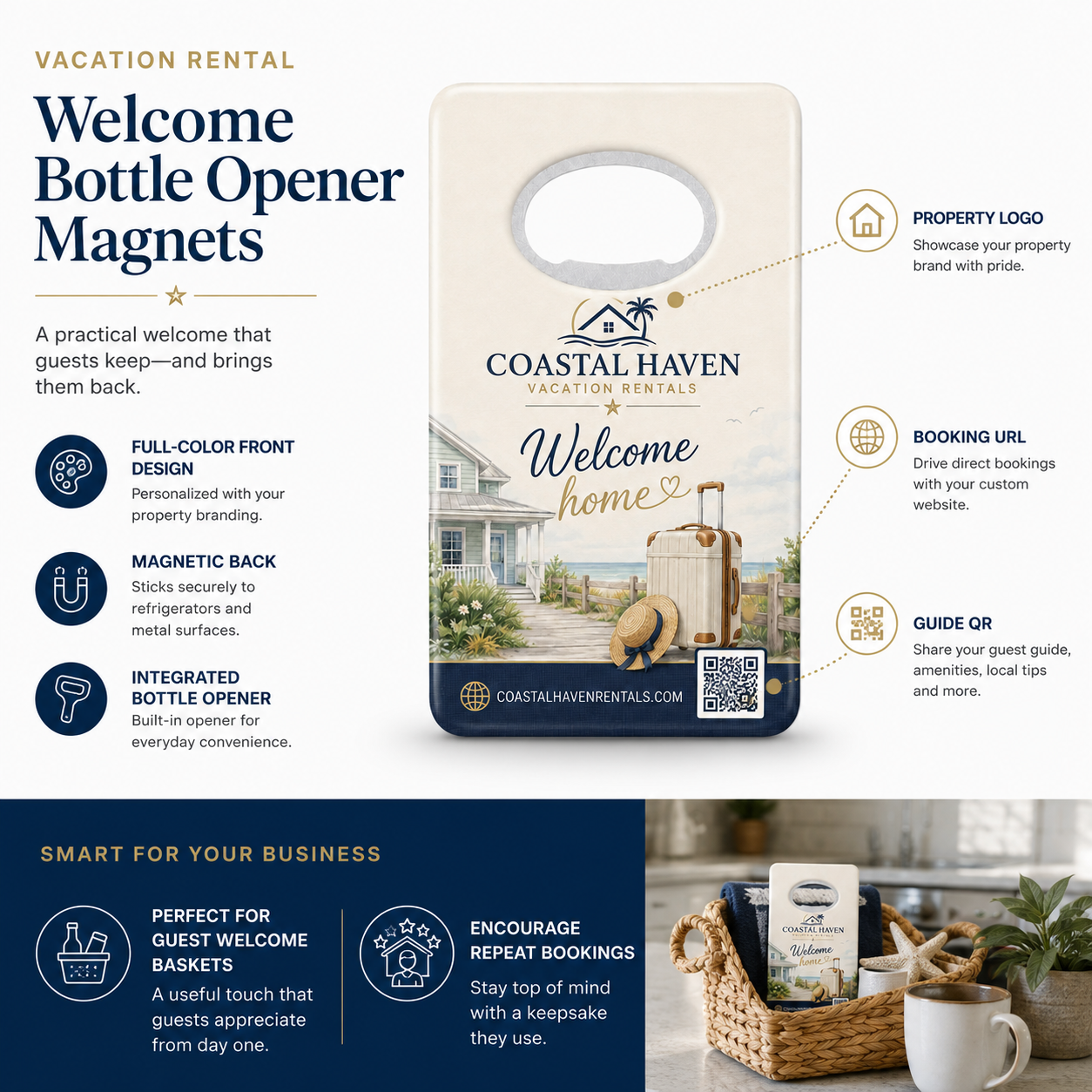 Vacation Rental Welcome Bottle Opener Magnets – product features infographic