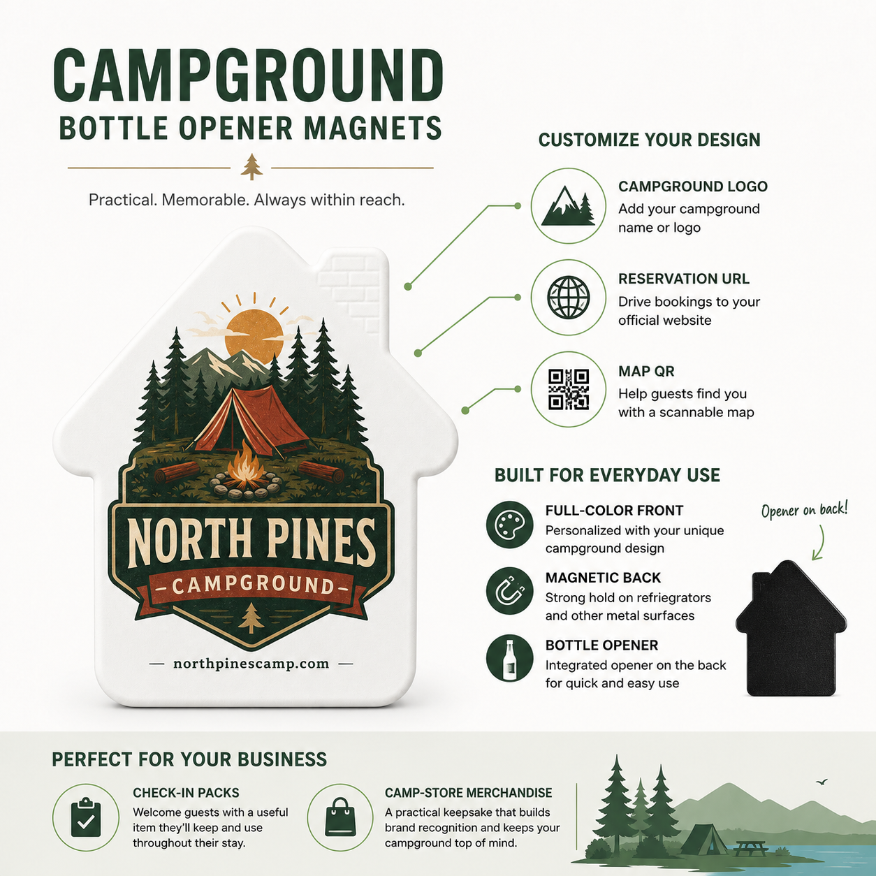 Campground Bottle Opener Magnets – product features infographic